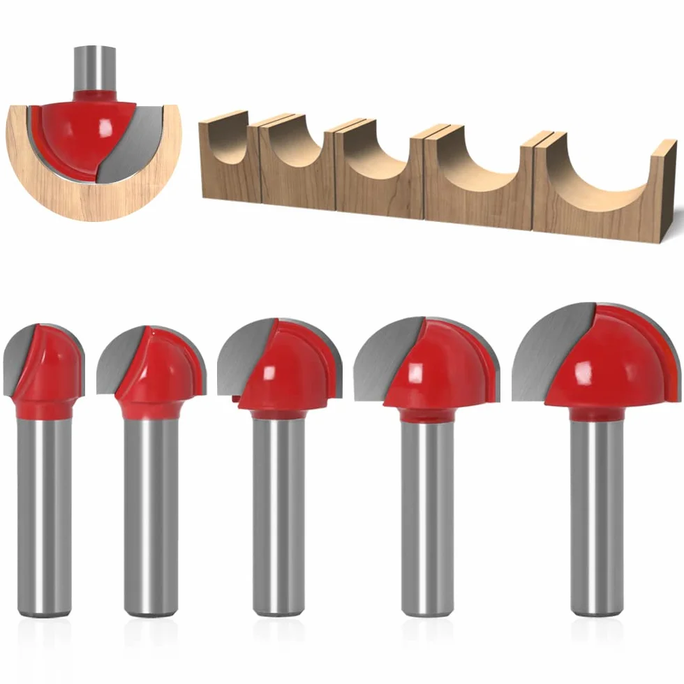 ASNOMY Fraise à Fond Rond Bois, 5PCS Router Bits 8mm Tige 12/16/ 19/22/25.4mm Fraise à gorges Carbure Queue Fraise à Rainurer pour Défonceuse Outil de Coupe Bit de Routeur