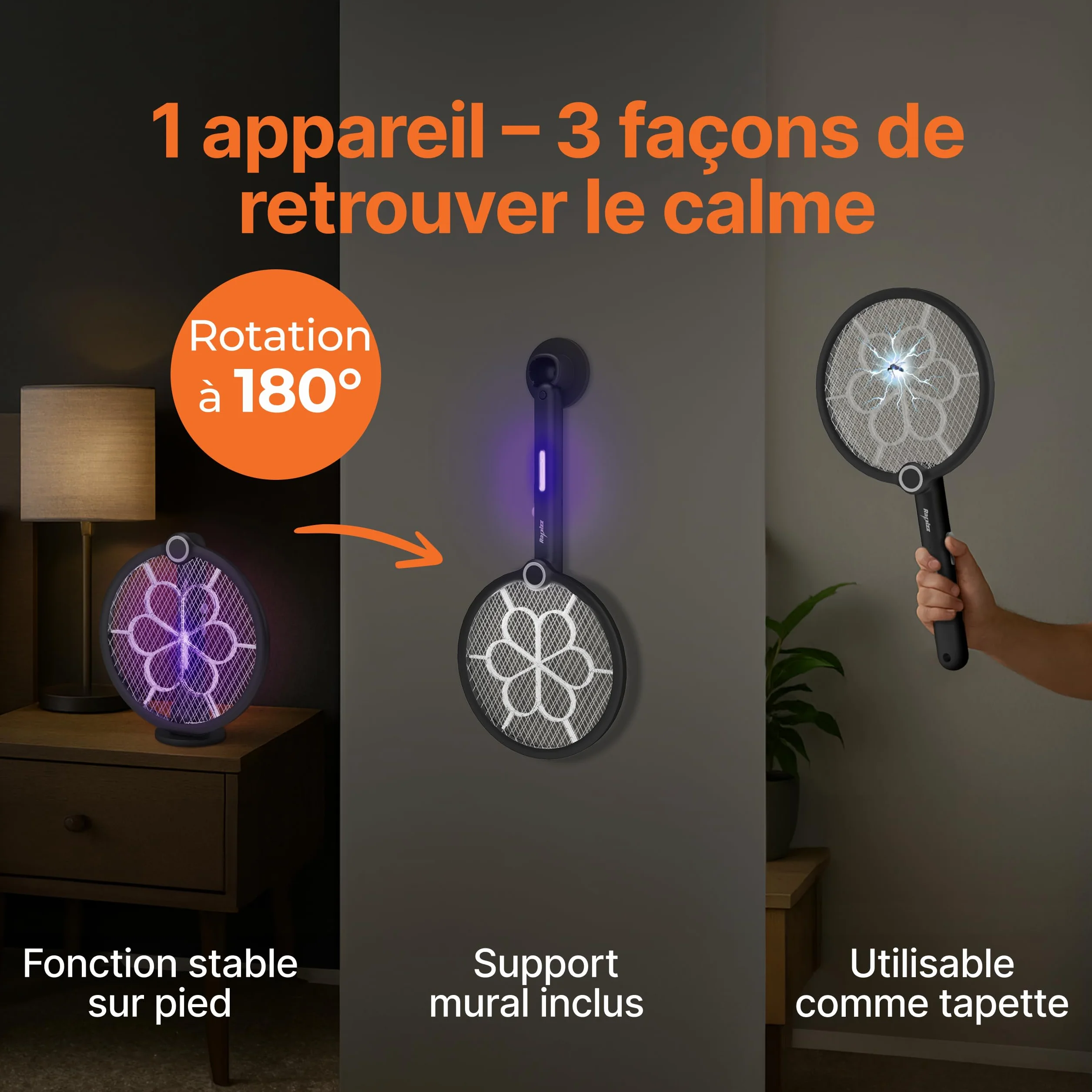 RAPIZZ Raquette Electrique Insectes Rechargeable 3 en 1 Tapette à Moustiques Mouche Électrique