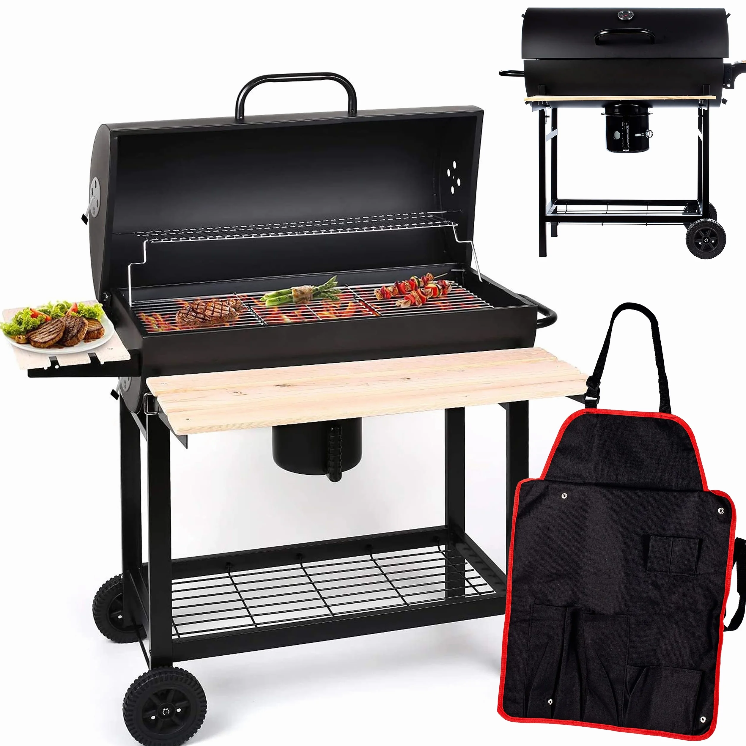 GrillMaster BigBend Rond GM2020 Barbecue Charbon avec Couvercle Roulettes Étagères Jardin