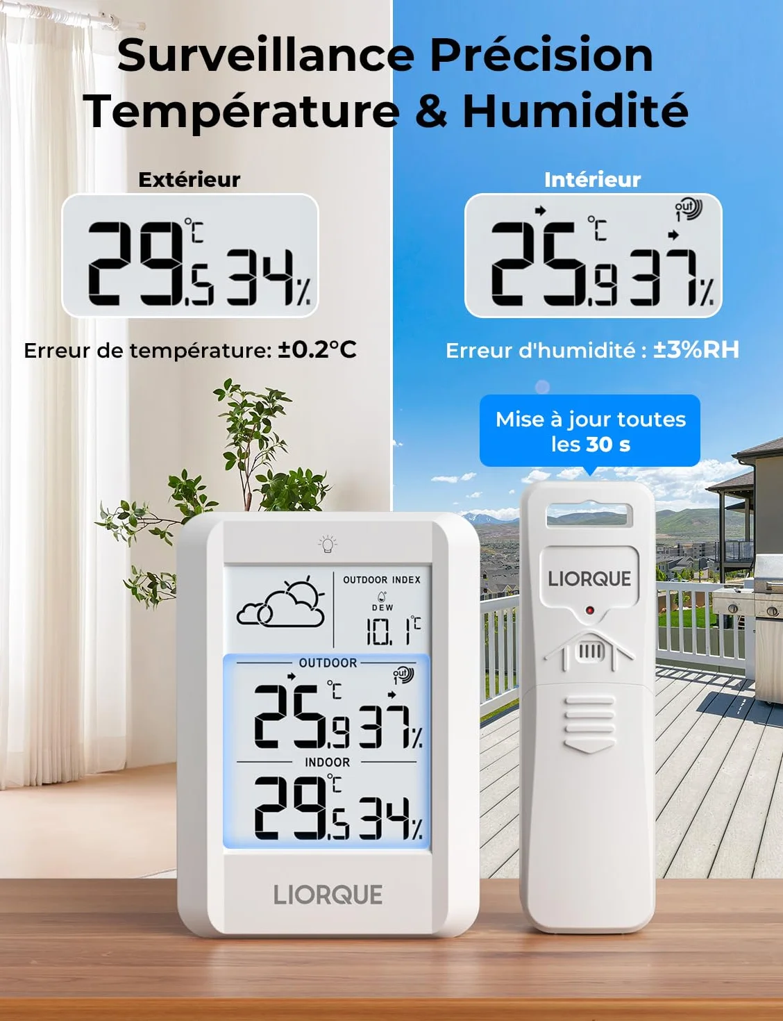 LIORQUE Station Meteo Interieur Exterieur Sans Fil, Thermometre Hygrometre Capteur IPX4, Portee 100m, Piles Incluses