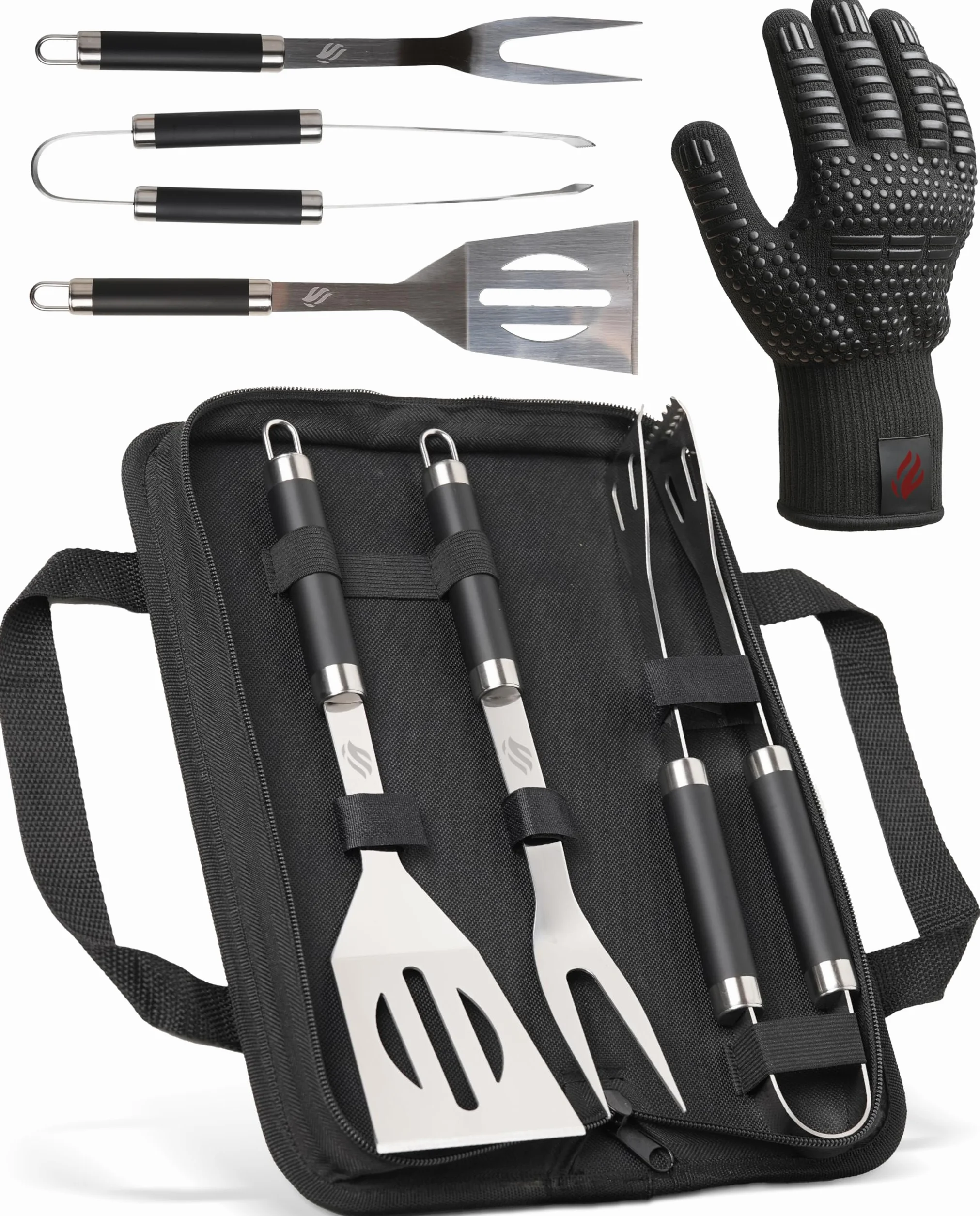 HORUS 23® Kit Barbecue Professionnel 4 Ustensiles Inox avec Gant Ignifuge Coffret Cadeau