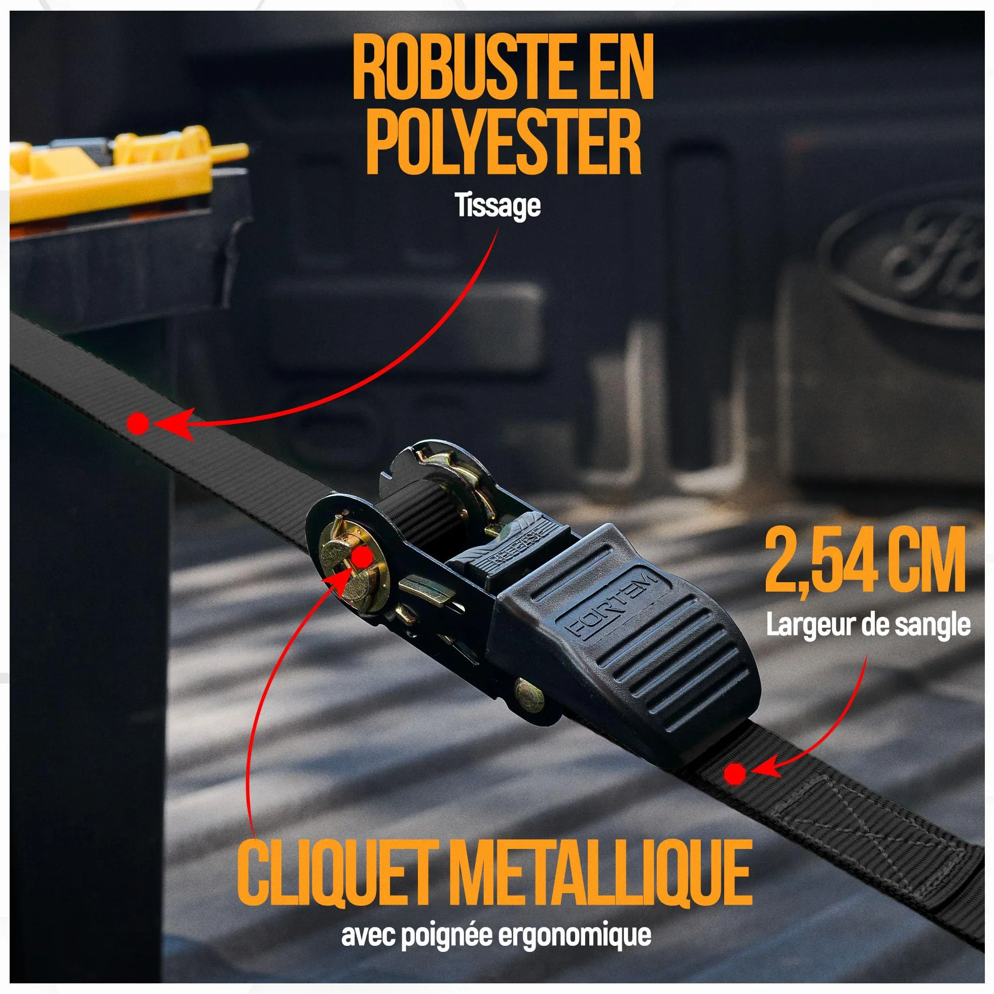 FORTEM Sangles d'Arrimage, Résistance 748 kg, 4 Sangles de Remorquage de 4,5 m, 4 Boucles Souples, Sangles Arrimage Moto, Anse Caoutchouc, Crochets Métal Enduit, Sac de Transport (Noir)