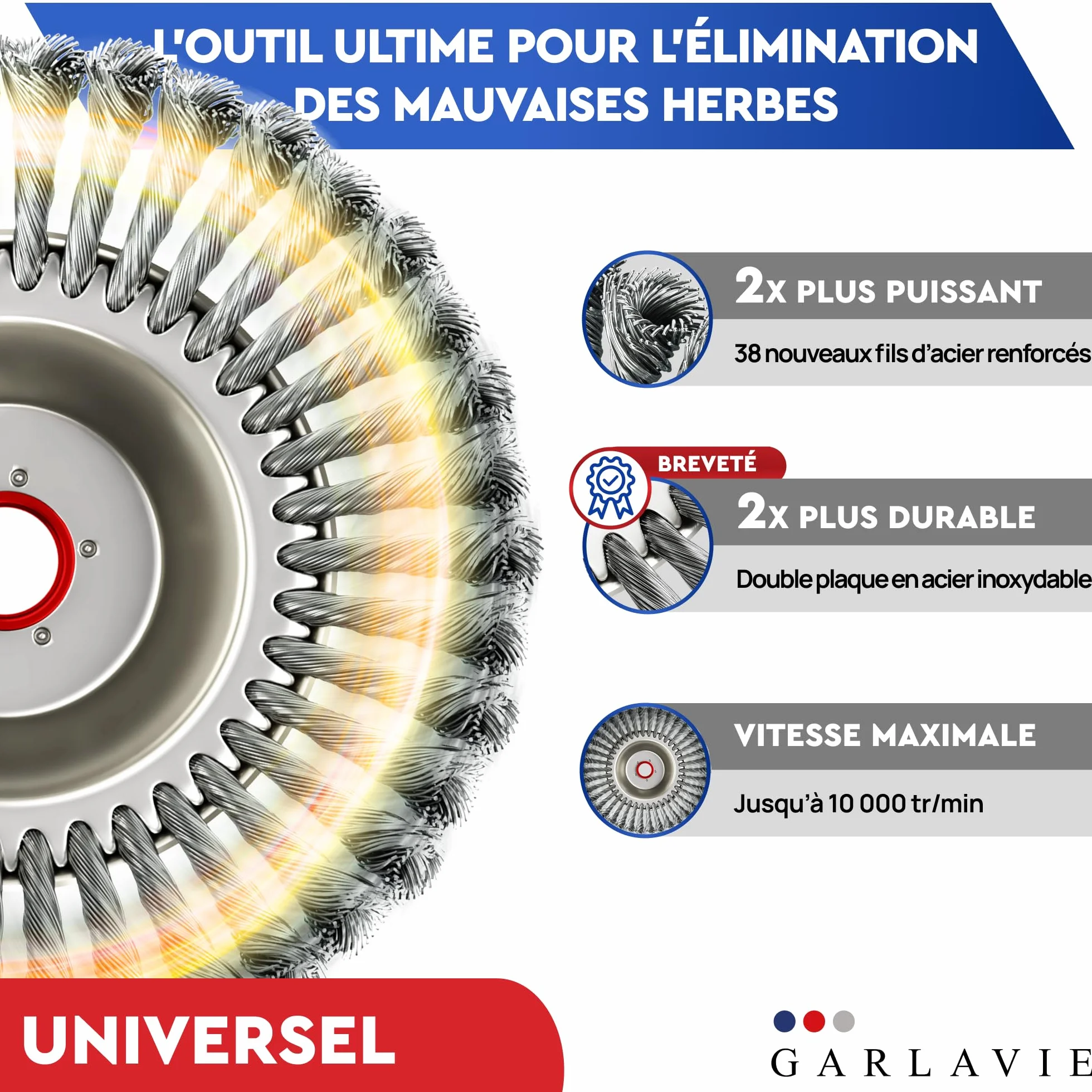 Tête de débroussailleuse universelle alésage 25,4 mm brosse métallique disque pour mauvaises herbes