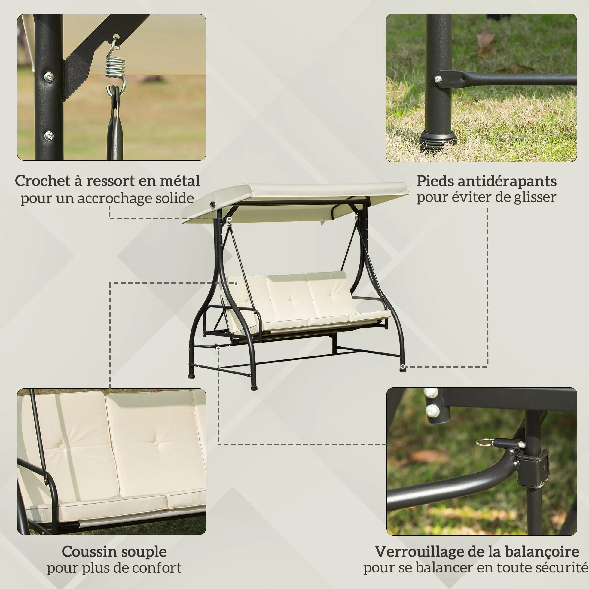 Outsunny Balancelle de Jardin 3 Places Convertible Toit réglable Matelas 8 cm 1,95L x 1,17l x 1,75H m métal époxy Noir crème