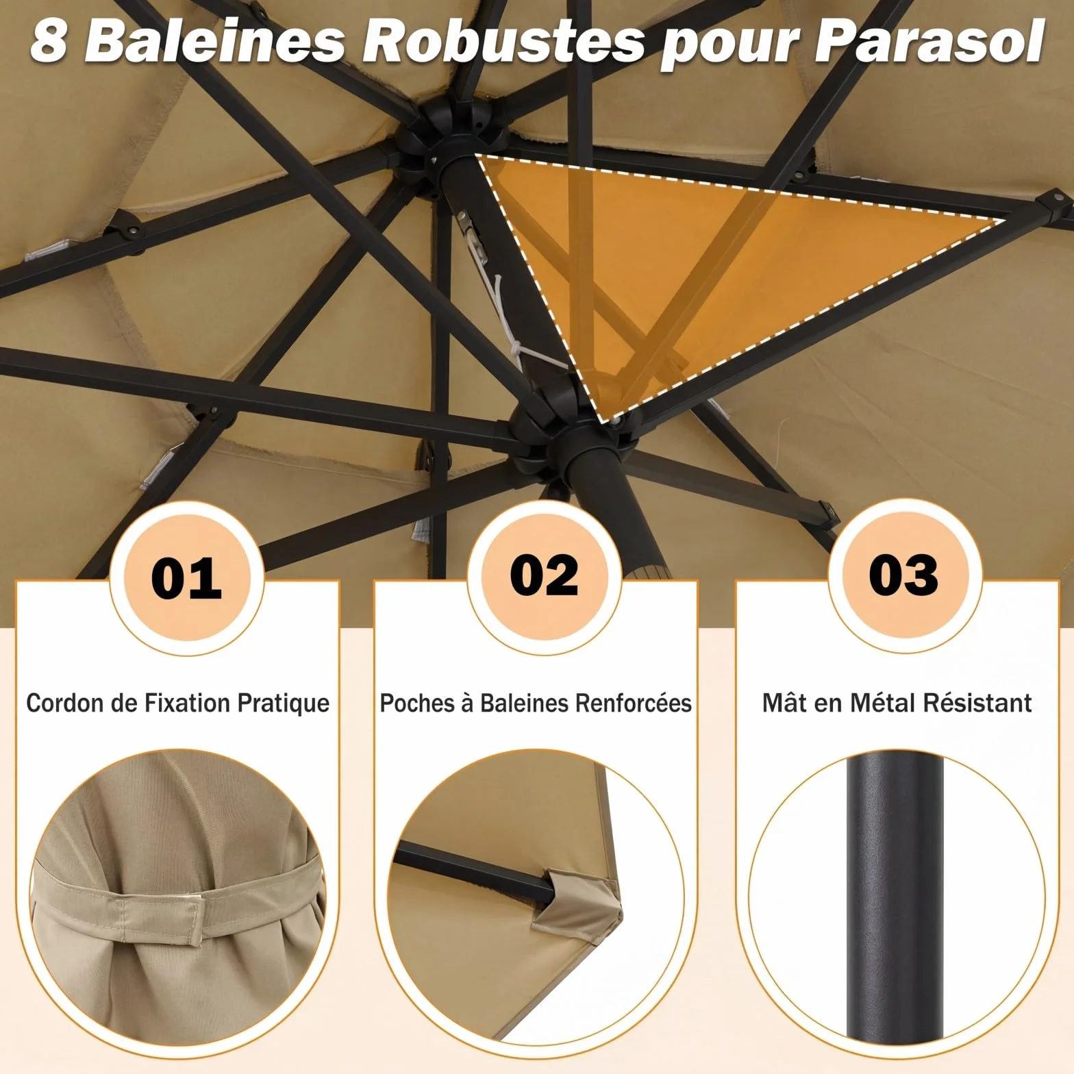Parasol de Jardin 3M Inclinable RELAX4LIFE Toit Ventilé 3 Couches 8 Baleines Manivelle Protection Solaire Terrasse Balcon Beige