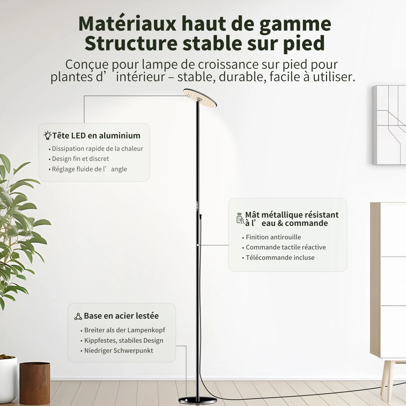 Lampe Horticole LED 60W sur Pied, Plein Spectre, Hauteur Réglable 216 cm, pour Grandes Plantes, Télécommande