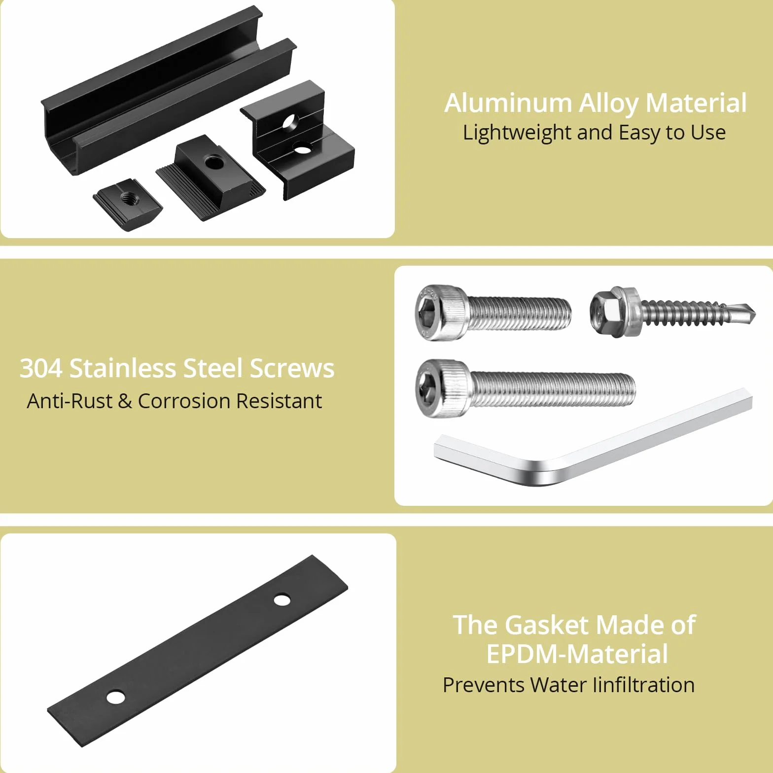 Kit de Fixation pour Panneau Solaire, 10 Rails Courts Aluminium 120mm, 6 Pinces Centrales 30/35mm, 4 Pinces d’Extrémité 30/35mm, 1 Clé de Serrage, Noir