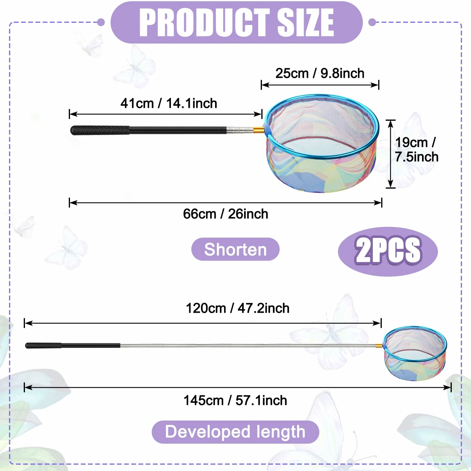 Épuisette Télescopique Filet Papillon Pêche Extensible 66-173CM pour Capture Poissons Insectes Étang