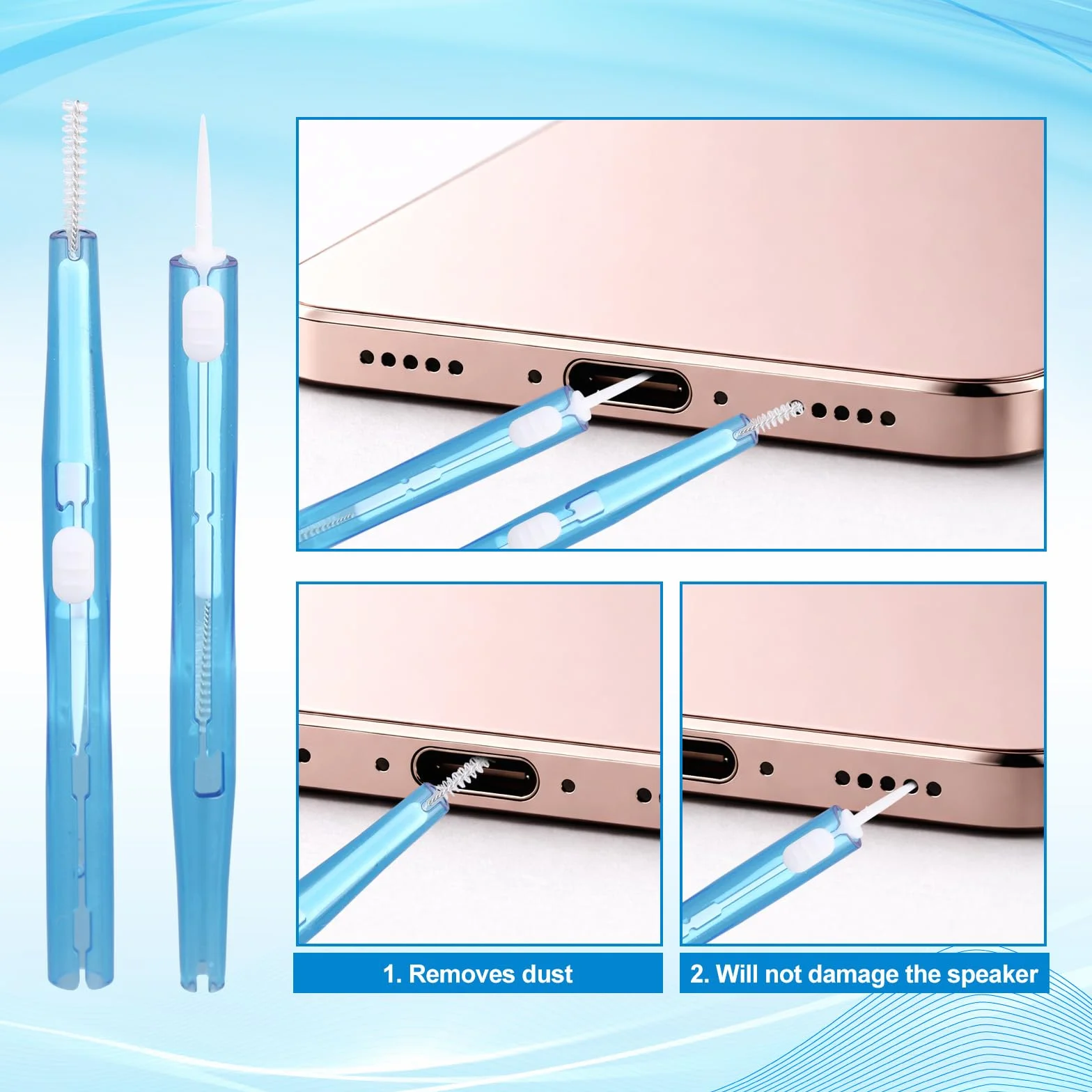 20pcs Kit de Nettoyage pour Téléphone, Nettoyeur Port de Charge avec Brosses Anti-Obstruction et Crochet Nettoyeur Port USB-C pour Téléphone Portable Écouteurs Haut-Parleurs (Bleu)