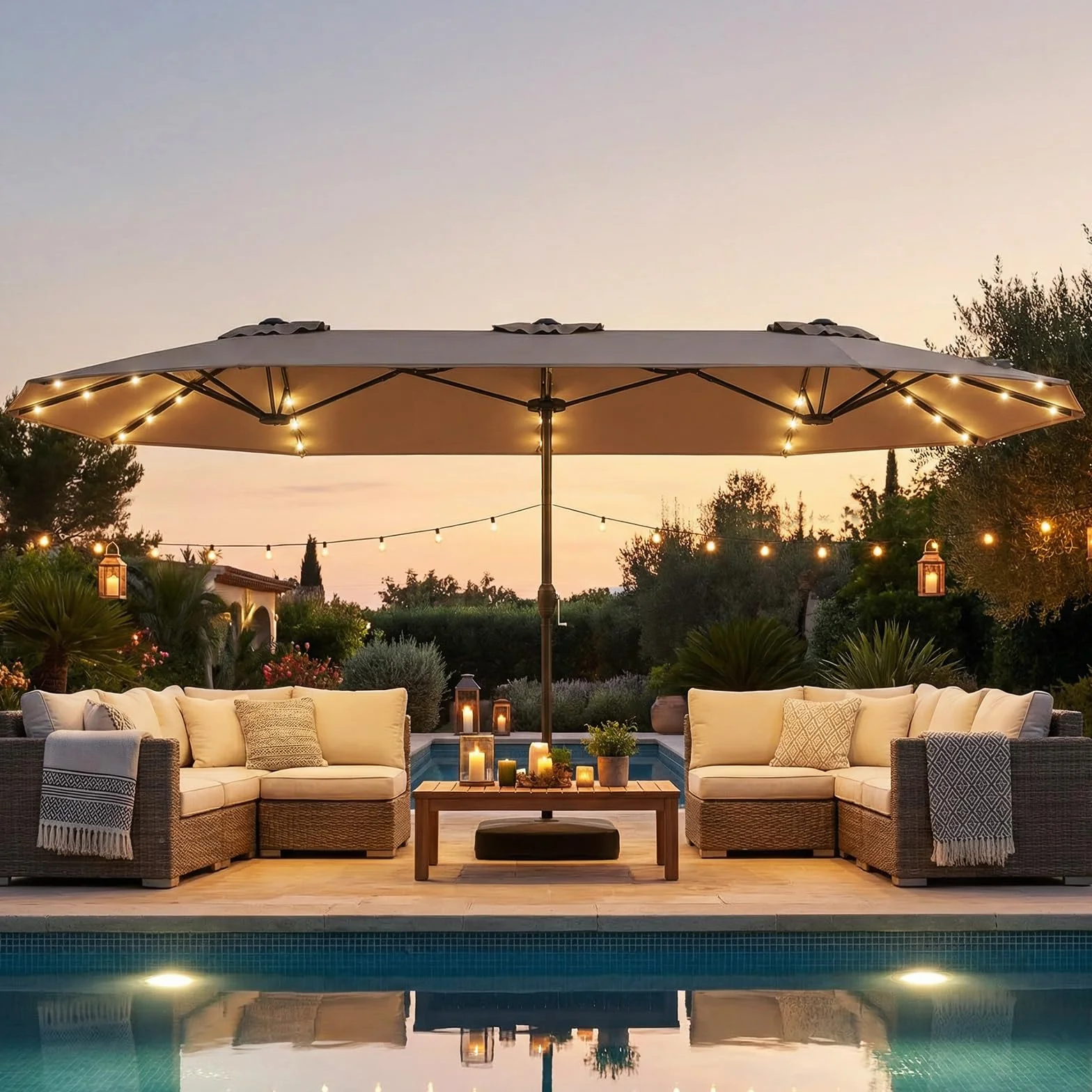 COSTWAY Parasol de Jardin Exterieur 4 x 2 m LED Solaires Double Rectangulaire avec Manivelle Marron
