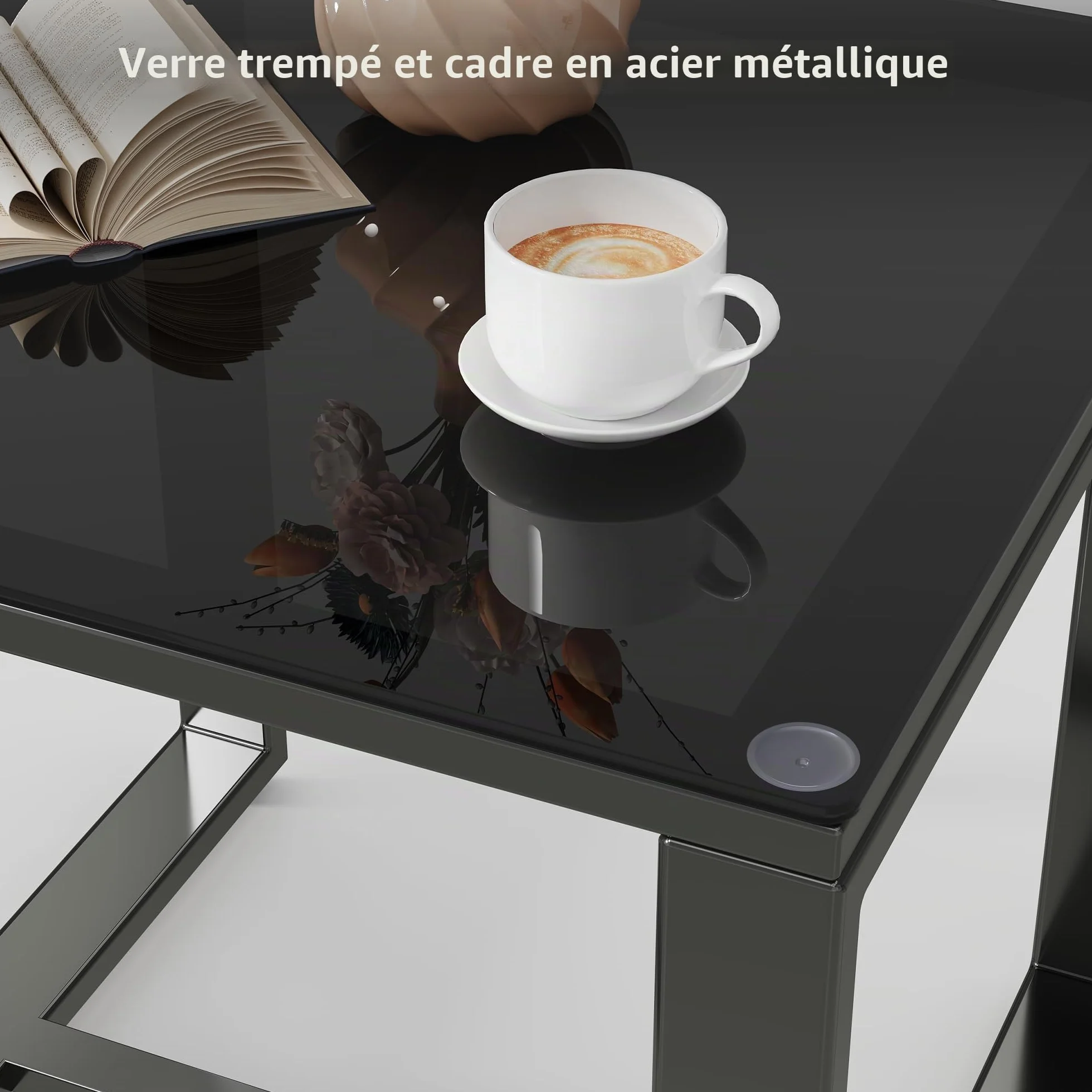 Ensemble de Meubles de Jardin 3 Pièces en Rotin avec Chaises à Bascule et Table Basse en Verre, Gris