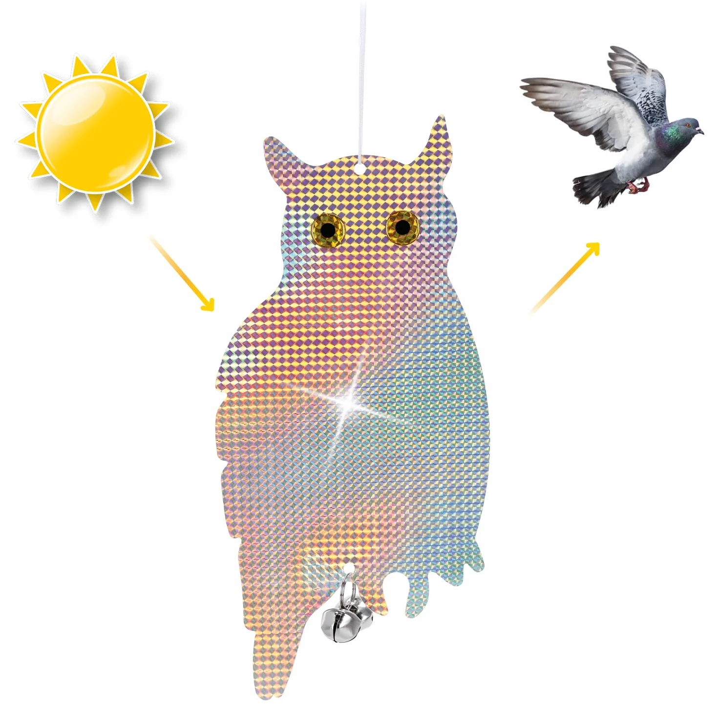 COM-FOUR® 2X Chouette factice effaroucheur d'oiseaux - Oiseau de Proie Artificiel avec Clochette et Feuille réfléchissante