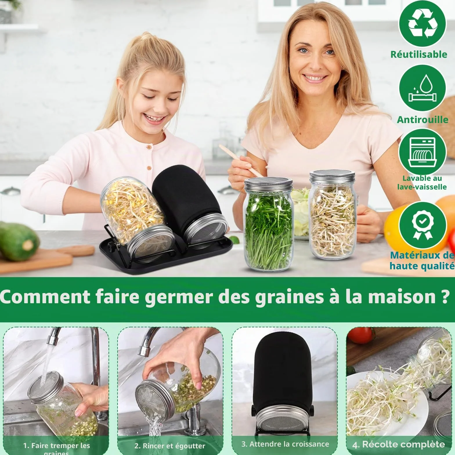 Bocal de Germination de Graines 2 x 1000ml Germoir en Verre avec Couvercle Acier Inoxydable, Support et Plateau
