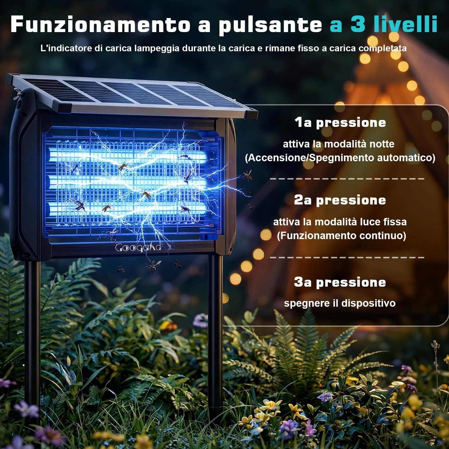 Désinsectiseur Électrique Solaire 10W Extérieur Lampe Anti-Moustiques 4000V UV IPX5 Tue-Moustiques