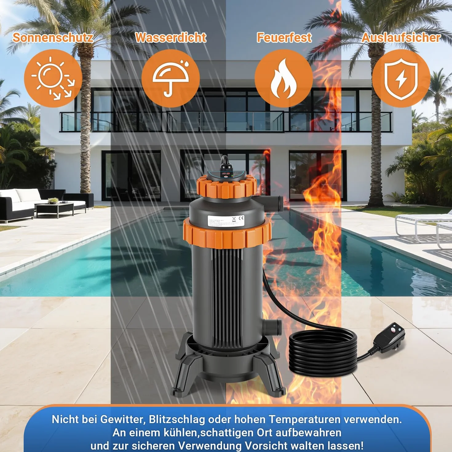 Chauffage électrique de piscine 3 kW, 17x42 cm, raccord 32-38 mm, protection fuites, 45 °C