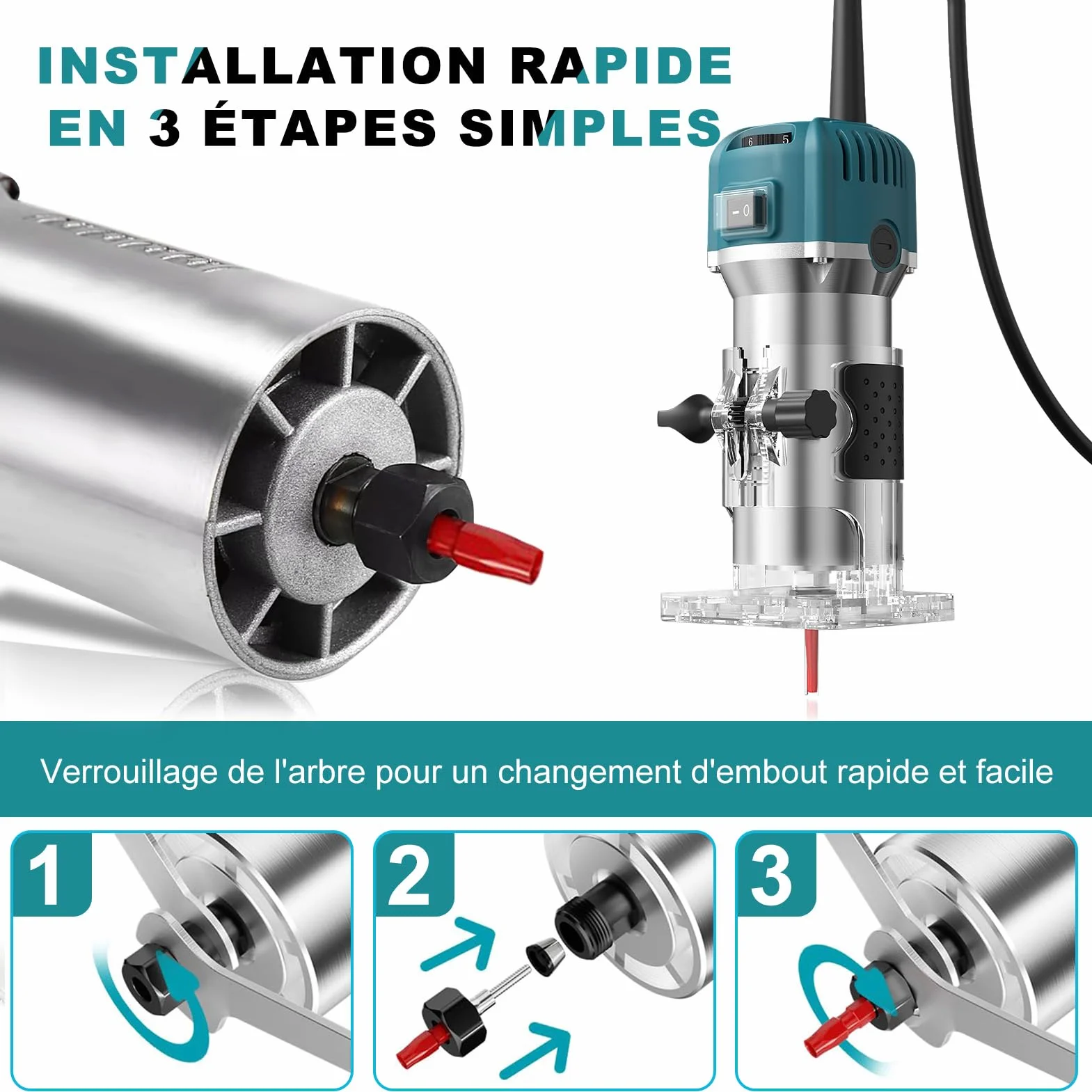 Fraiseuse verticale 800 W, défonceuse électrique pour bois, 30 000 tr/min Fraiseuse électrique à 6 vitesses variables avec 15 fraises à rainurer pour chanfreiner, rainurer, fraiser, poinçonner
