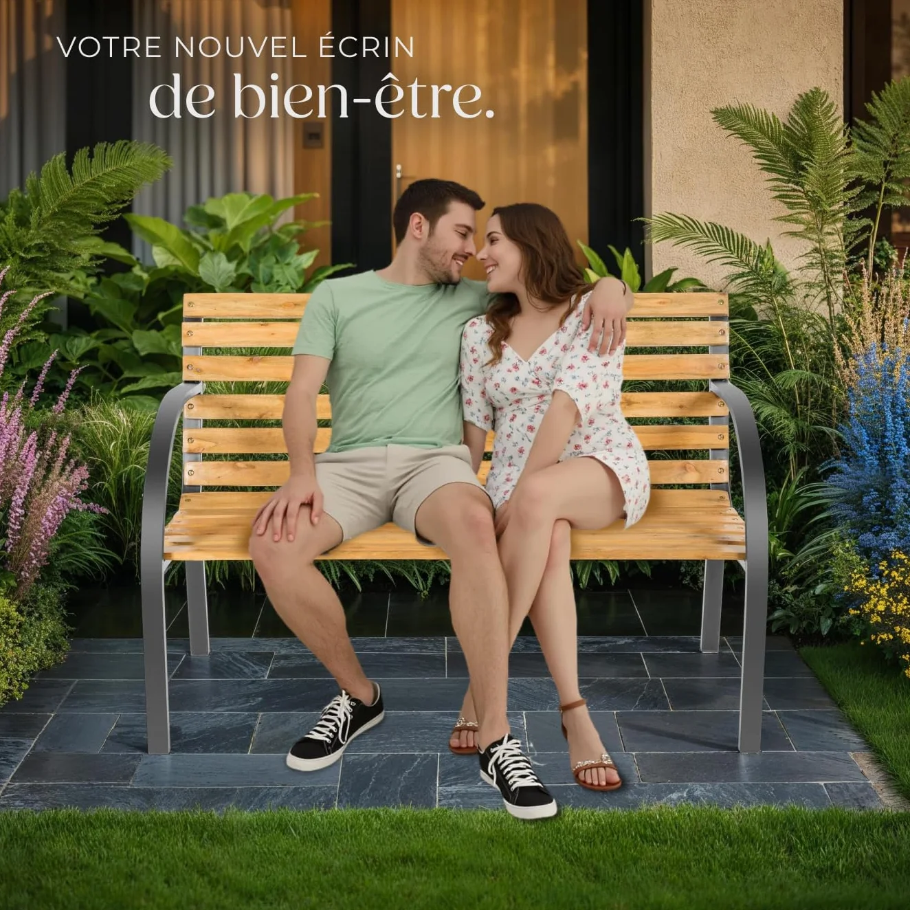 Tectake Banc de Jardin Solide en Bois Naturel laqué et Acier, Banquette de Jardin Noir Résistant aux intempéries