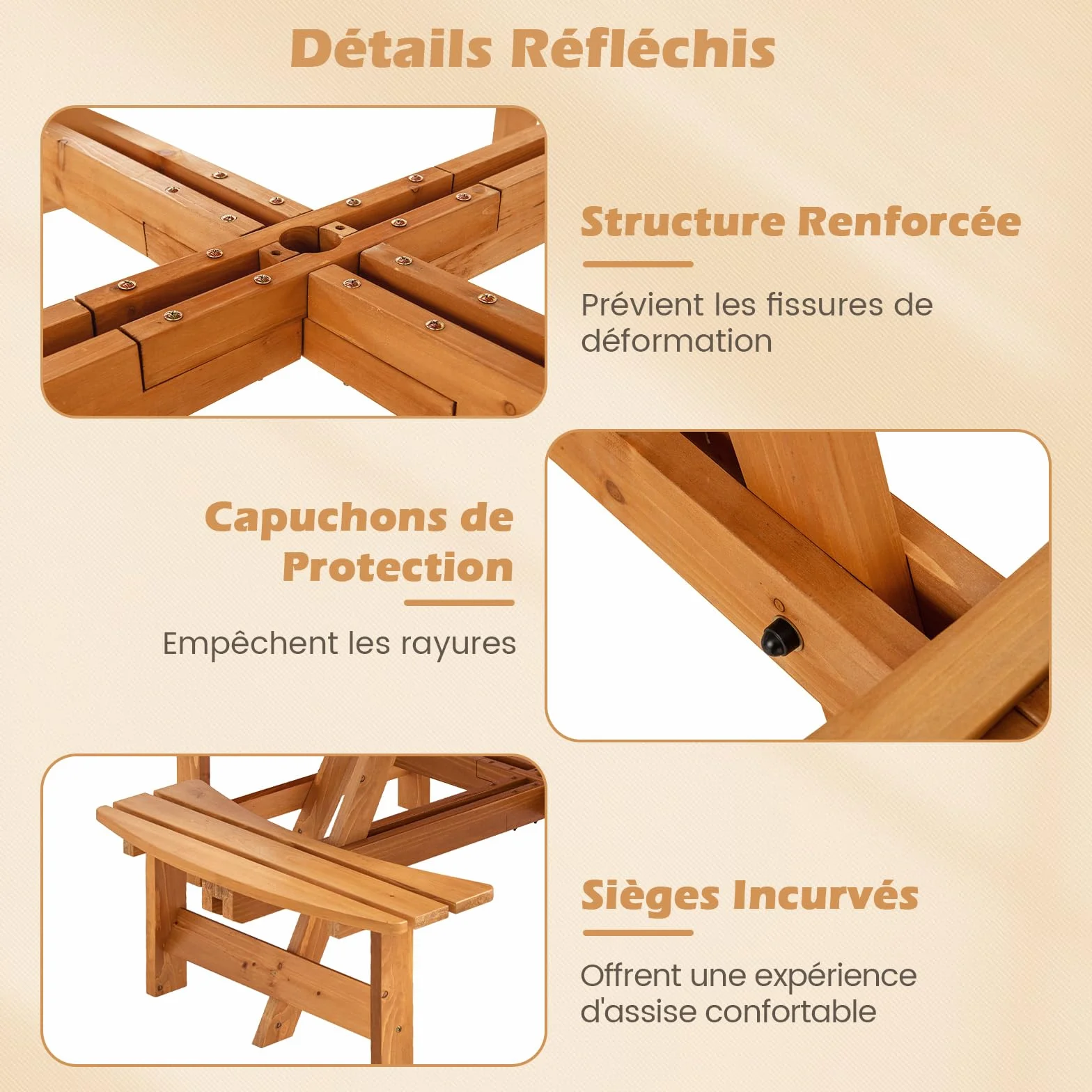 COSTWAY Table de Pique-Nique Bois 2-8 Personnes Set Jardin Bancs Circulaire 4 Bancs Intégrés Parasol 5 cm Jaune 179x179x70 cm