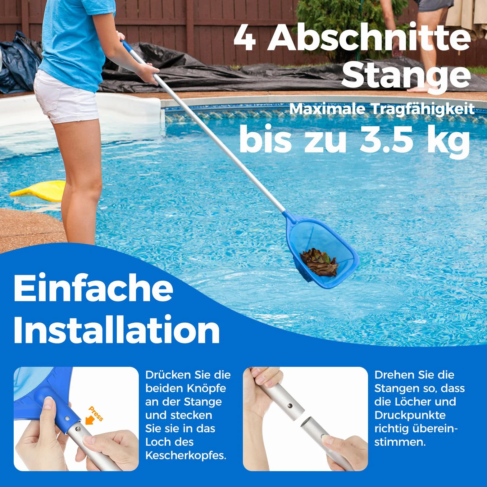 Épuisette de Surface pour Piscine 145cm, Filet de Fond avec Manche Aluminium 1,14m, Profonde 13cm, 4 Pièces pour Piscine Spa