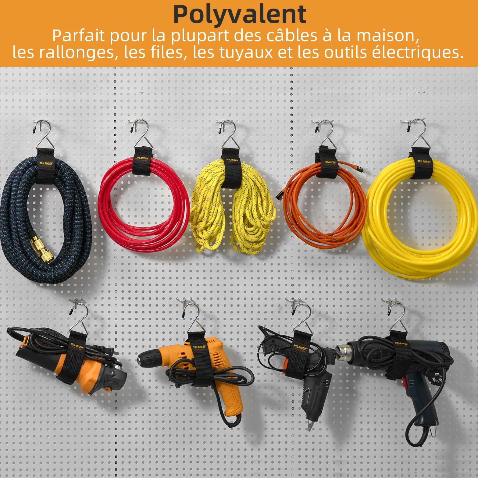 Lot de 6 Organisateur de Câbles pour Rangement,Sangles Auto-agrippante avec crochet en métal pour Attacher aux Murs les Câble, les Fil,les Corde,les Tuyaux,Organiser la Maison,le Garage ou un Atelier