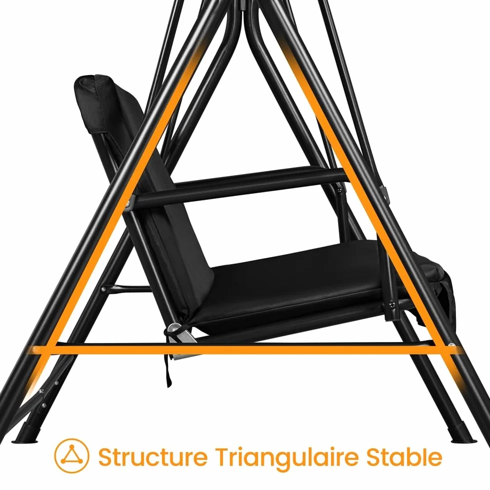 Yaheetech Balancelle de Jardin 3 Places Auvent Ajustable Coussins Amovibles Cadre Métal Noir