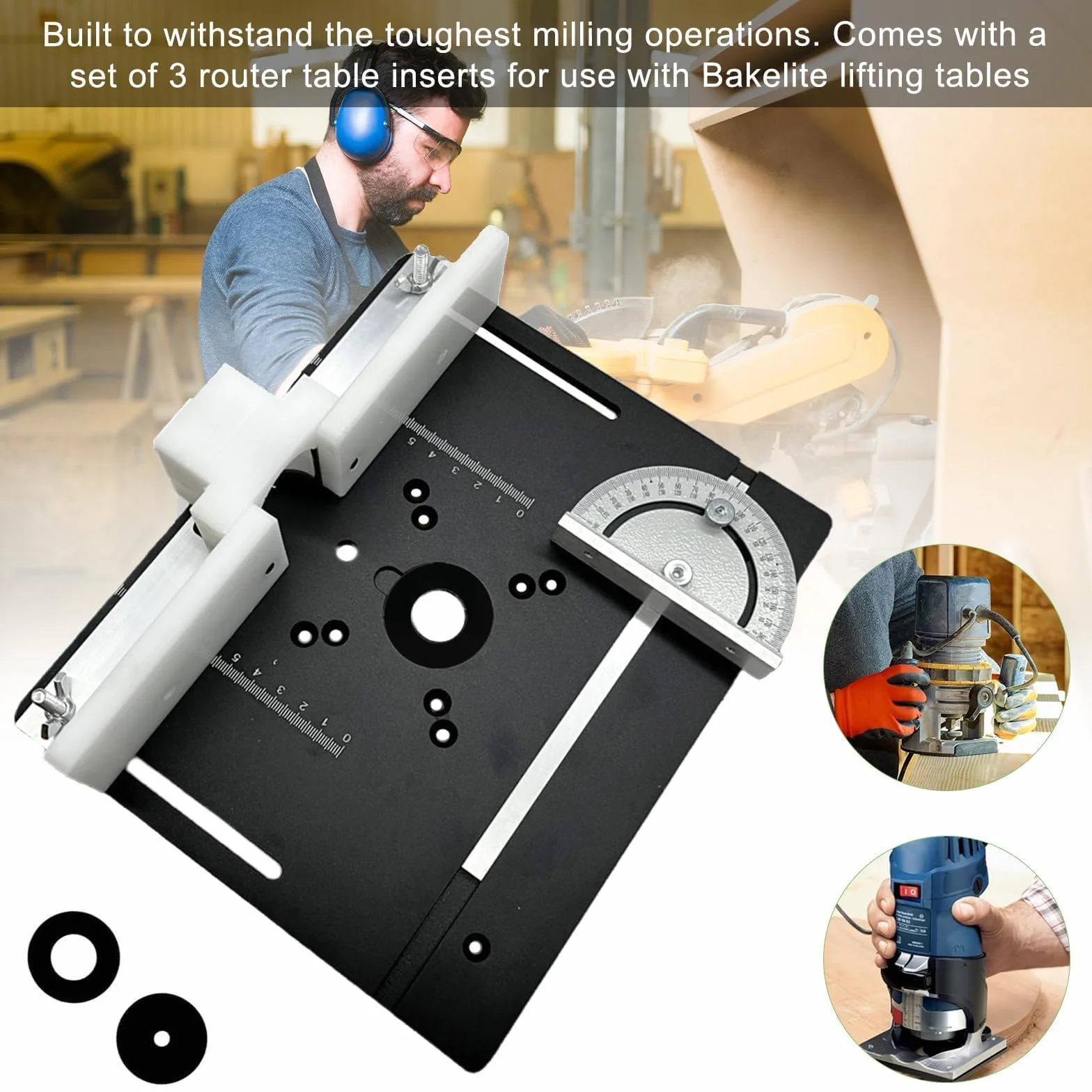 Table Defonceuse a Bois mit Plaque D'insertion Défonceuse, Plaque Lift Base Support Levée Maximale 51mm, Défonceuse Sur Table Aluminium pour Moteurs avec 64 à 65 mm de Diamètre (Noir)