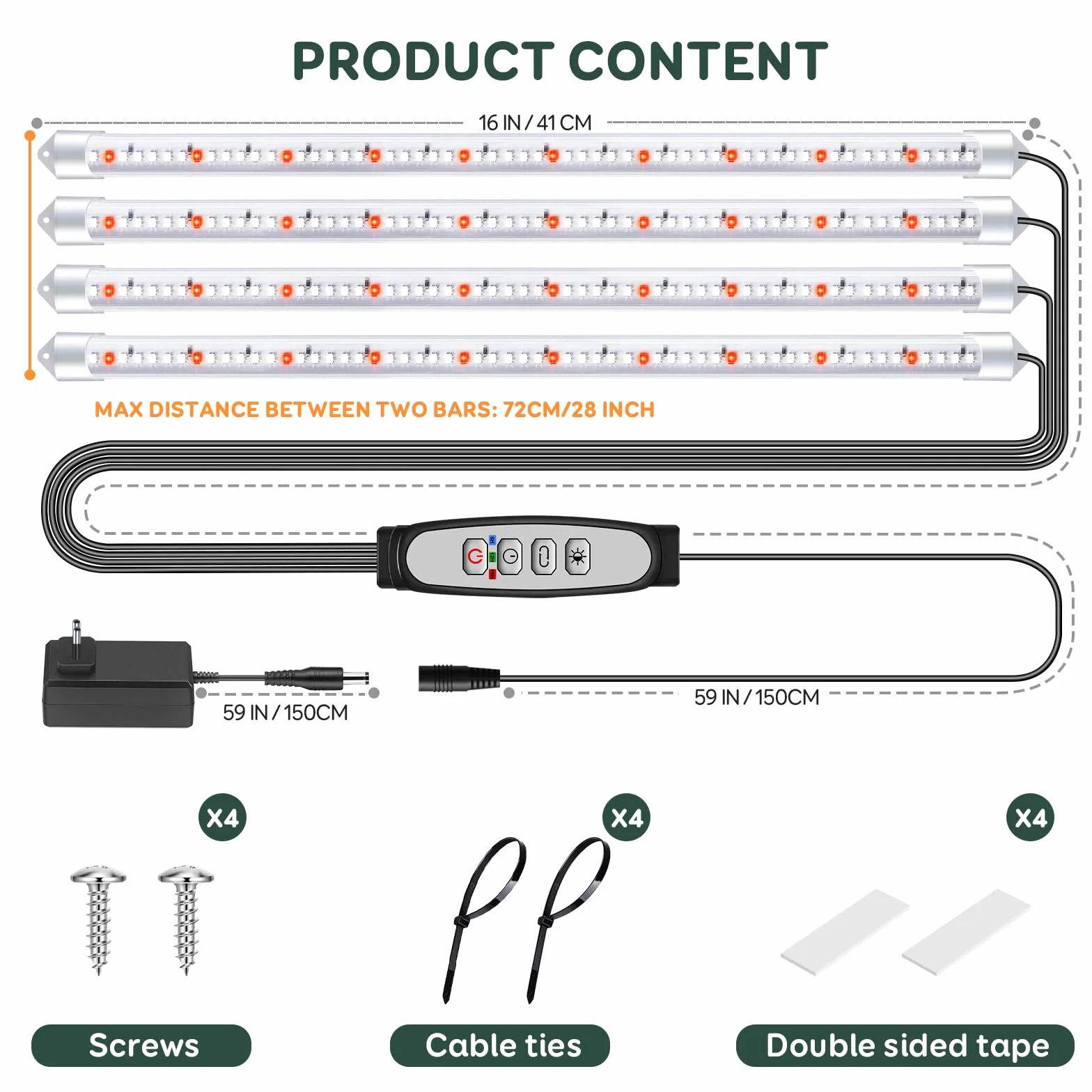 Luz para Cultivo de Plantas, Lámpara Solar de Espectro Completo, 4 Barras con Temporizador 6/12/18H, 5 Niveles Regulables