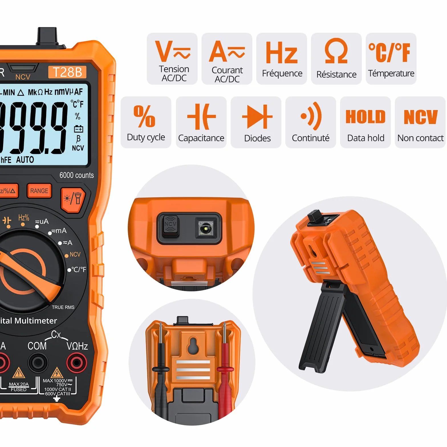 Proster Multimètre Automatique 6000 Comptes TRMS 1000V 20A - Testeur Électrique NCV Numérique Magnétique avec Température Capacité Fréquence, Multimetre Professionnel pour Électricien Bricolage Maison