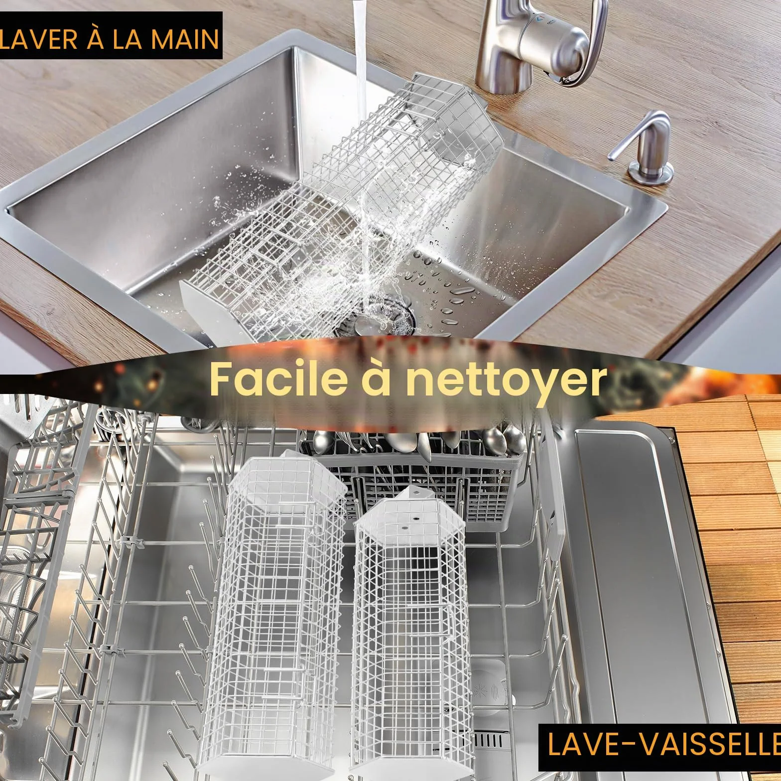 Panier à Barbecue Acier Inoxydable 304 Poignée Détachable 2 Pièces Ustensiles Grill Cuisine Exterieur Camping