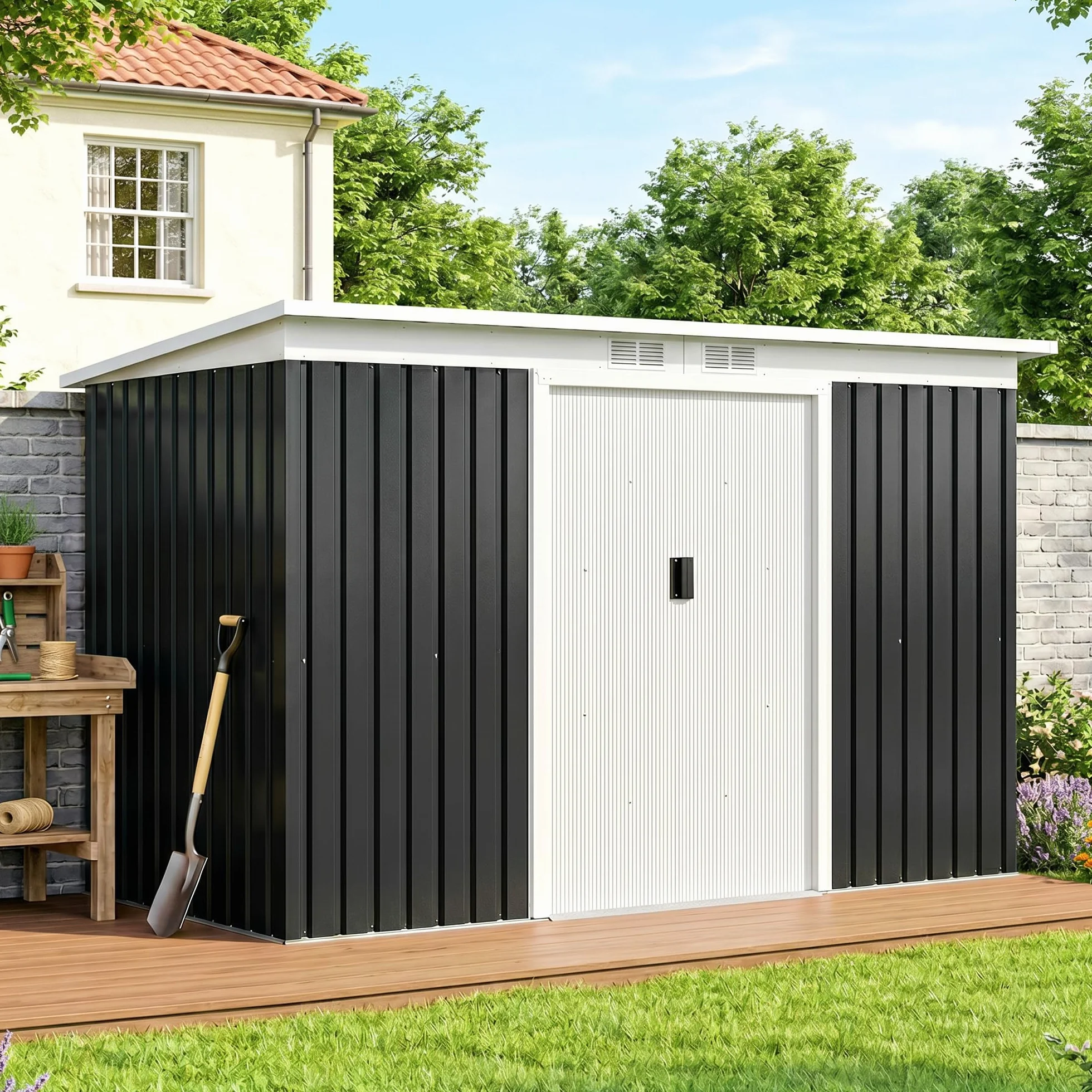 Outsunny Abri de Jardin Acier galvanisé XXL 3,6 m² 280 x 130 x 172 cm Cabanon Rangement Outils Portes coulissantes Noir