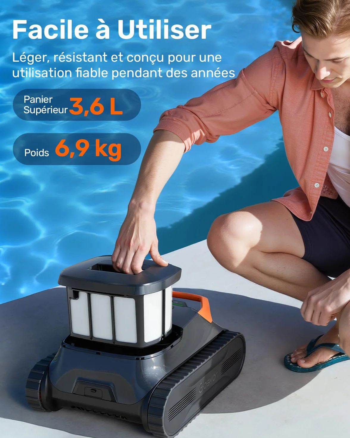 Gosvor LiteVac G1 Robot Piscine Sans Fil Fond et Parois, Navigation WavePath, Filtration 3 μm, 4-en-1, Aspiration 15 000 L/h, Contrôle App, jusqu'à 200 m²