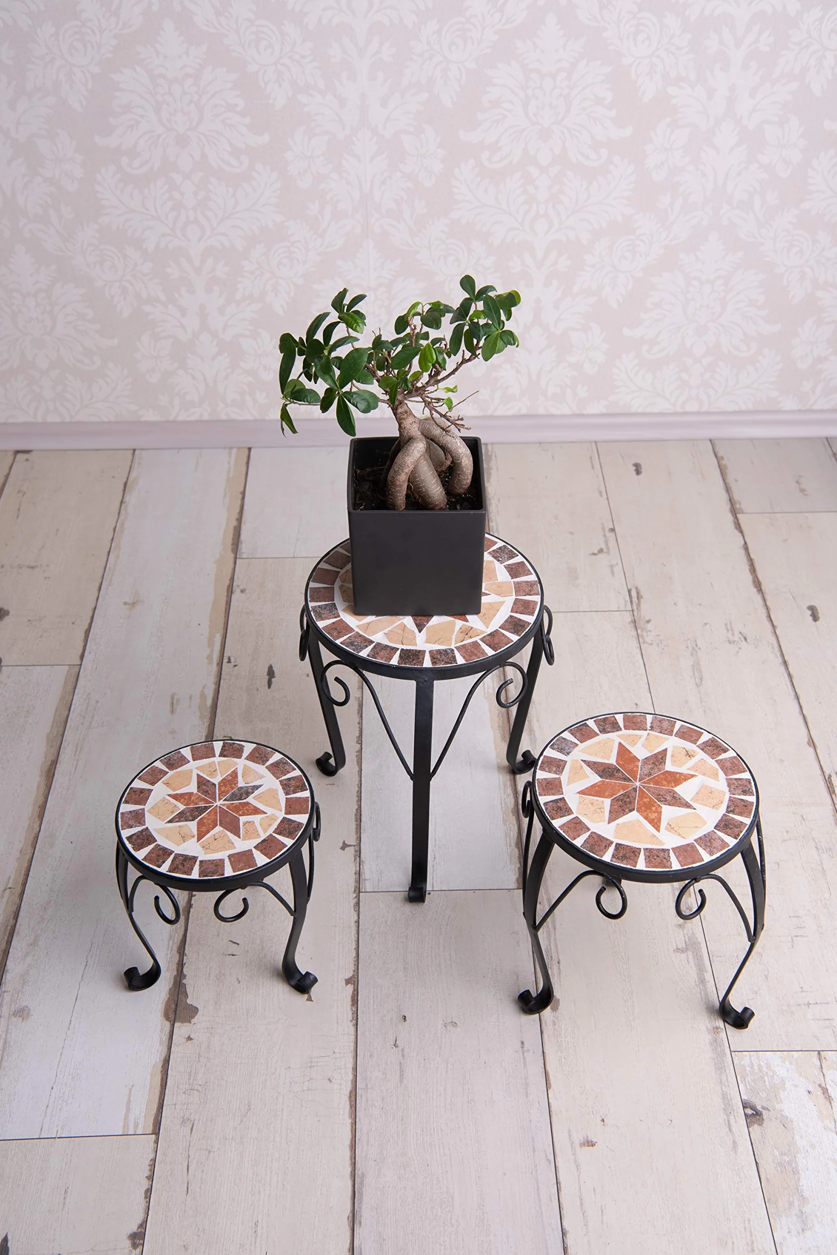 Ensemble de 3 tabourets porte-fleurs ronds à mosaïque en céramique pour jardin terrasse