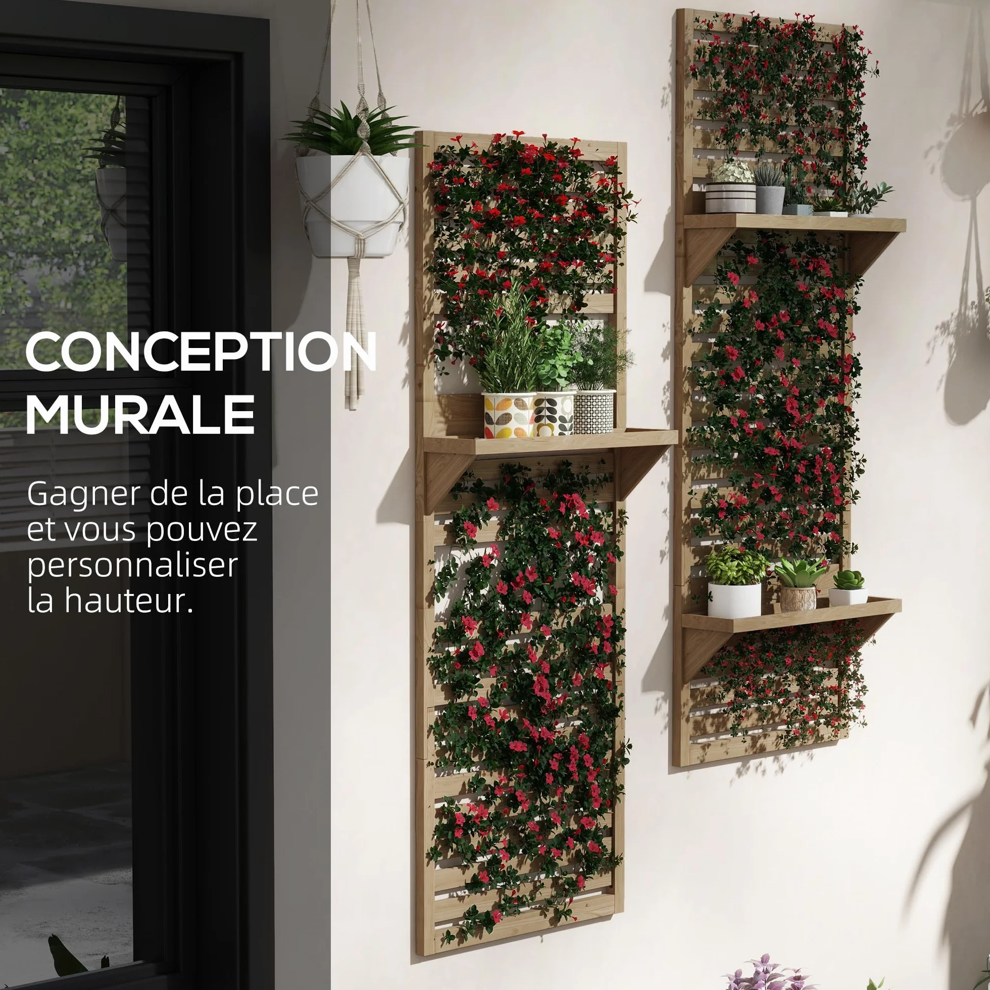 Outsunny Lot de 2 support plantes intérieur avec étagères suspendues et treillis en bois massif