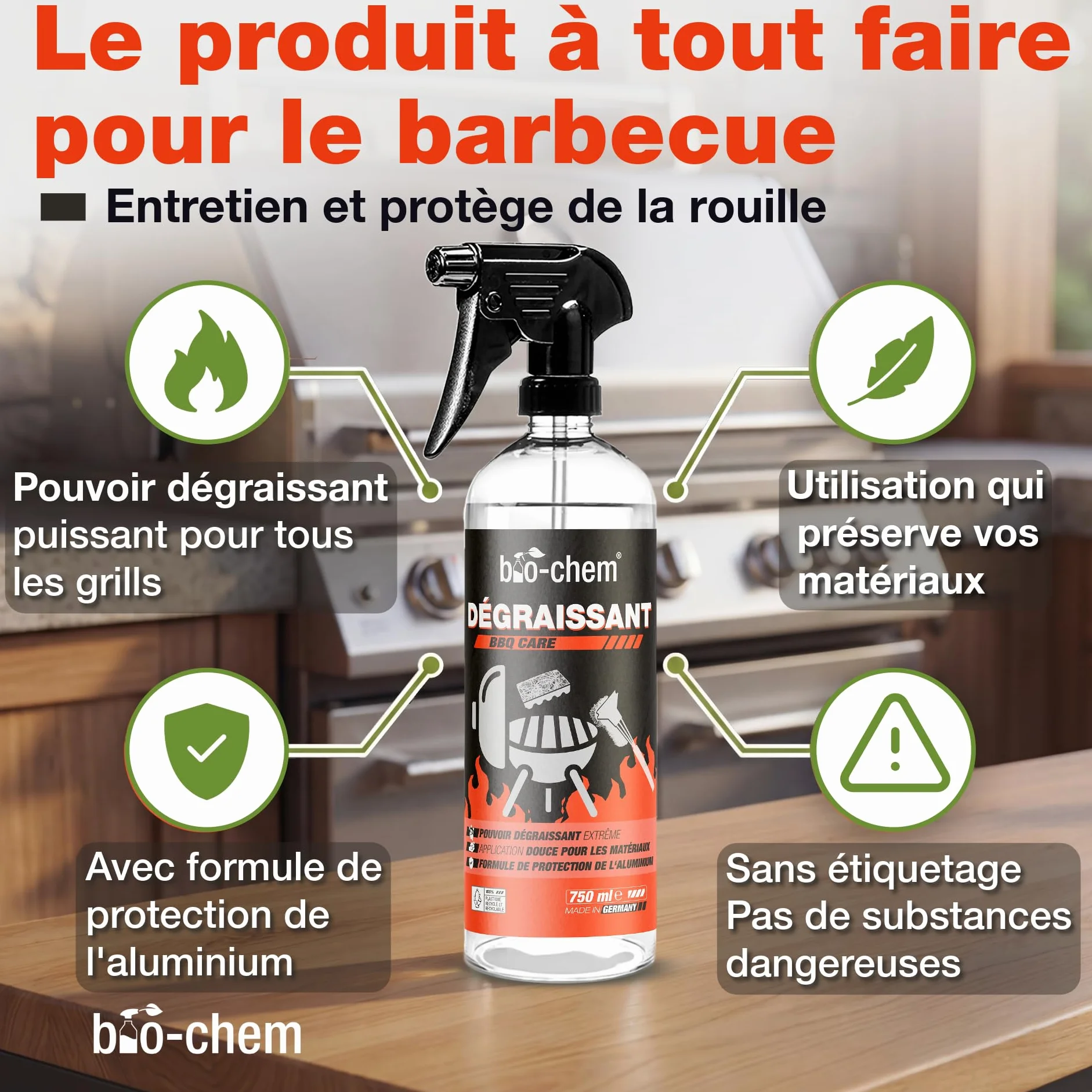 Spray nettoyant pour barbecues 0,75L - Dégraissant prêt à l'emploi pour plancha et grille barbecue
