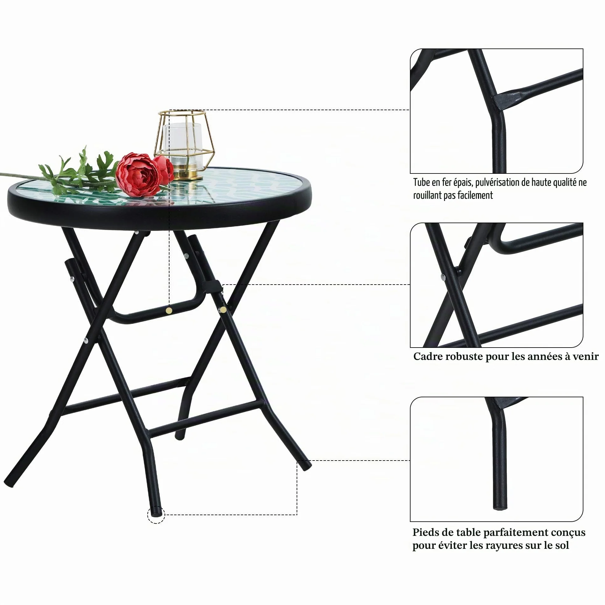 PHI VILLA Table d'appoint Ronde Pliable Verre Métal Petite Table de Balcon résistante aux intempéries