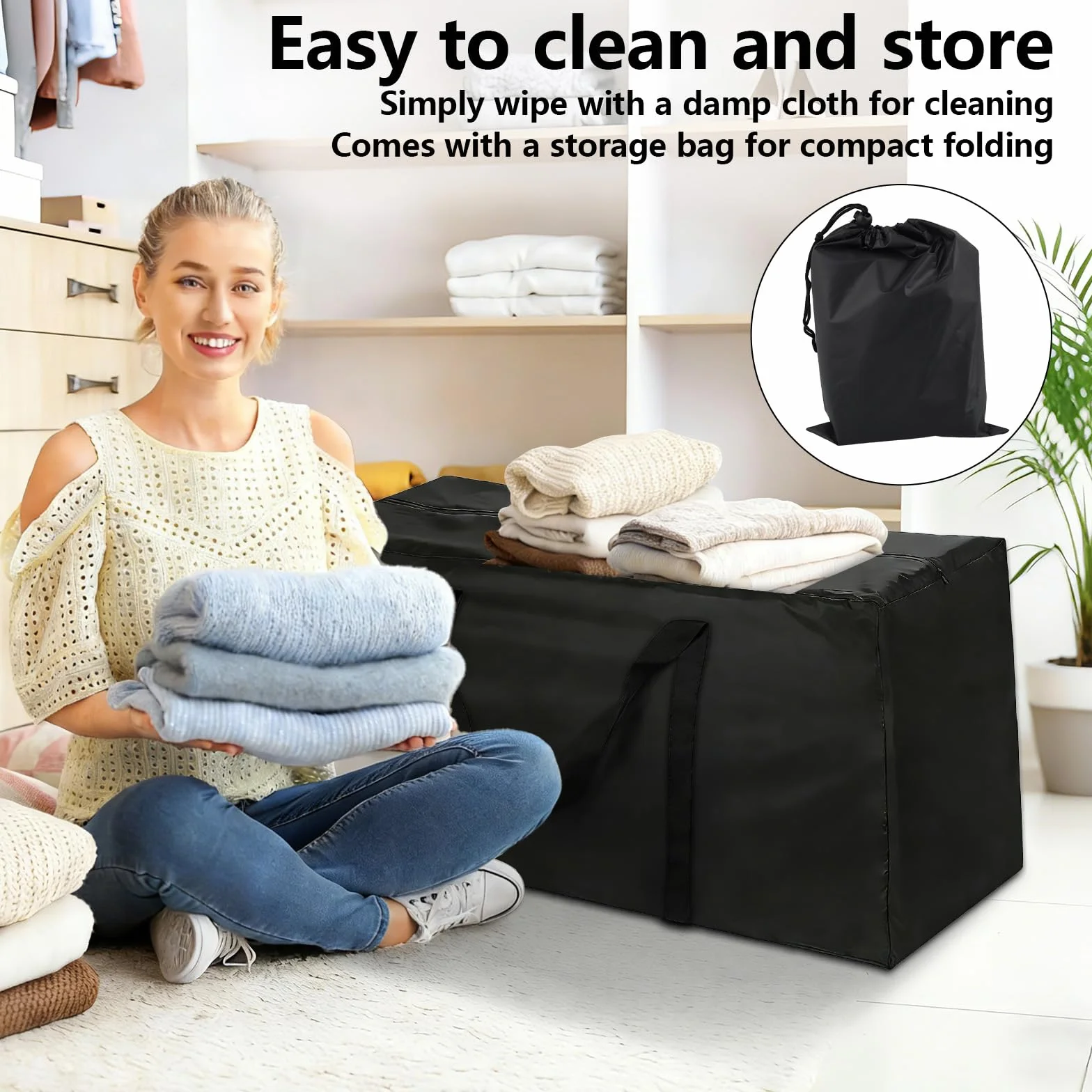 Sac de Rangement pour Coussin de Jardin Grand Format Tissu Oxford Noir avec Poignées Renforcées