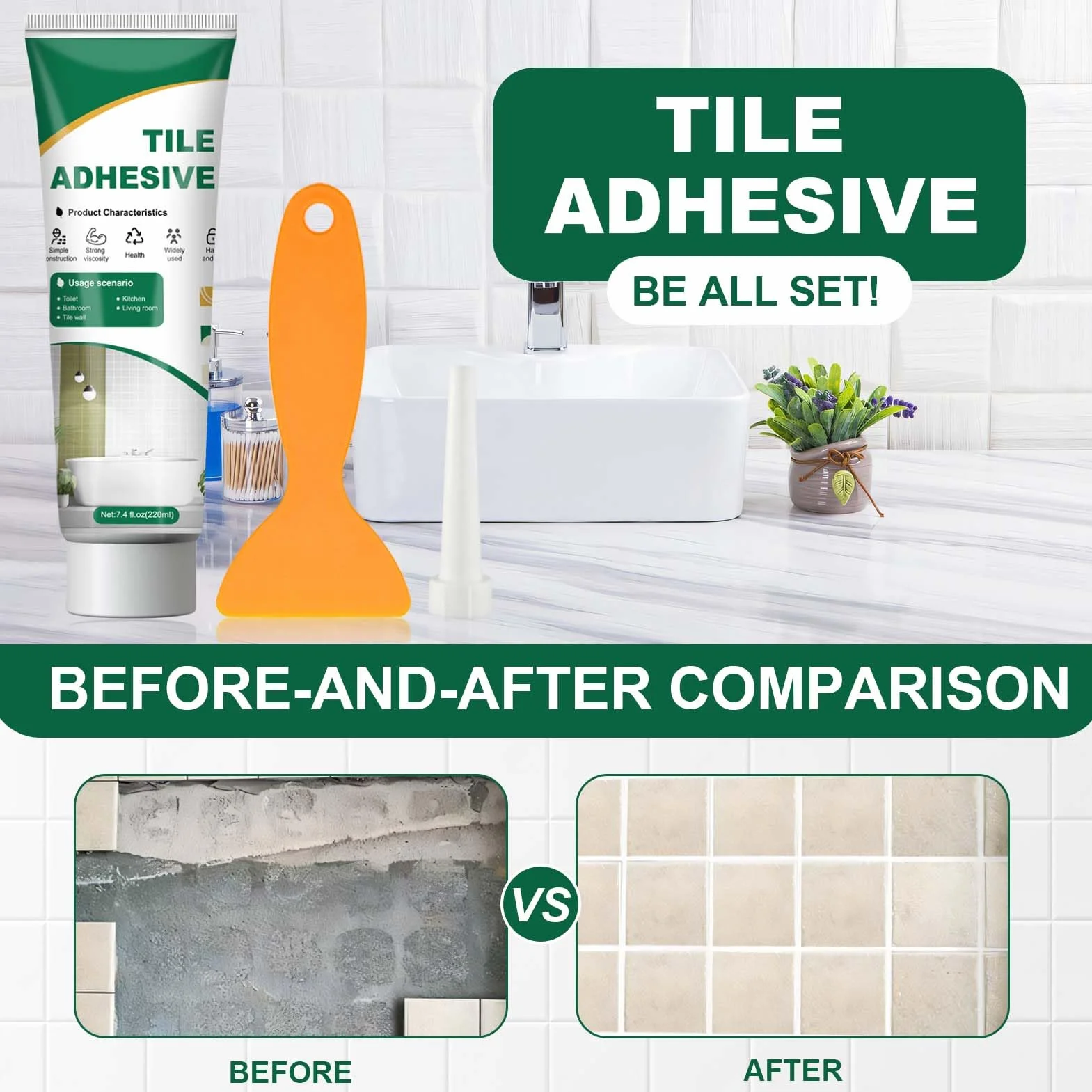 Colle a Carrelage, Colle Carrelage salle de bain, Joint carrelage Blanc, colle carrelage piscine, Coulis Étanche pour Carreaux pour Réparer les Rayures, Trous, Fissures(220g)