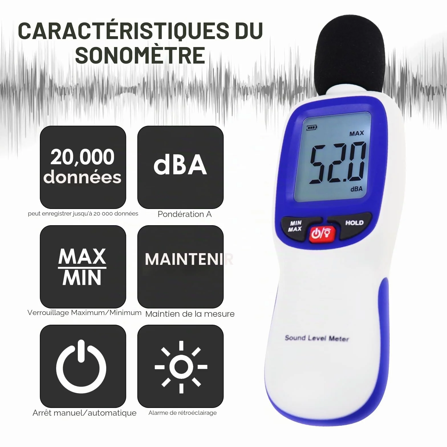 Sonomètre sans fil avec enregistrement de données par application Sonomètre portable Bluetooth 30~130dBA Compteur SPL haute précision pour salles de classe, bureaux, maisons, etc.
