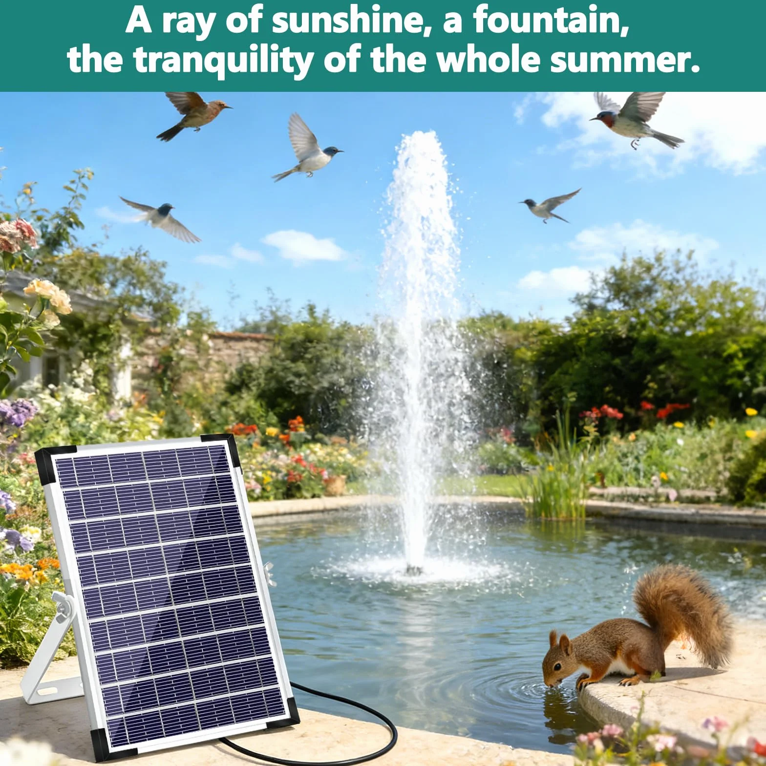 Fontaine Solaire 5W Pompe à Eau Extérieure avec 8 Buses Tuyau 1,5 M pour Bassin Bain d'oiseaux Étang Piscine Jardin