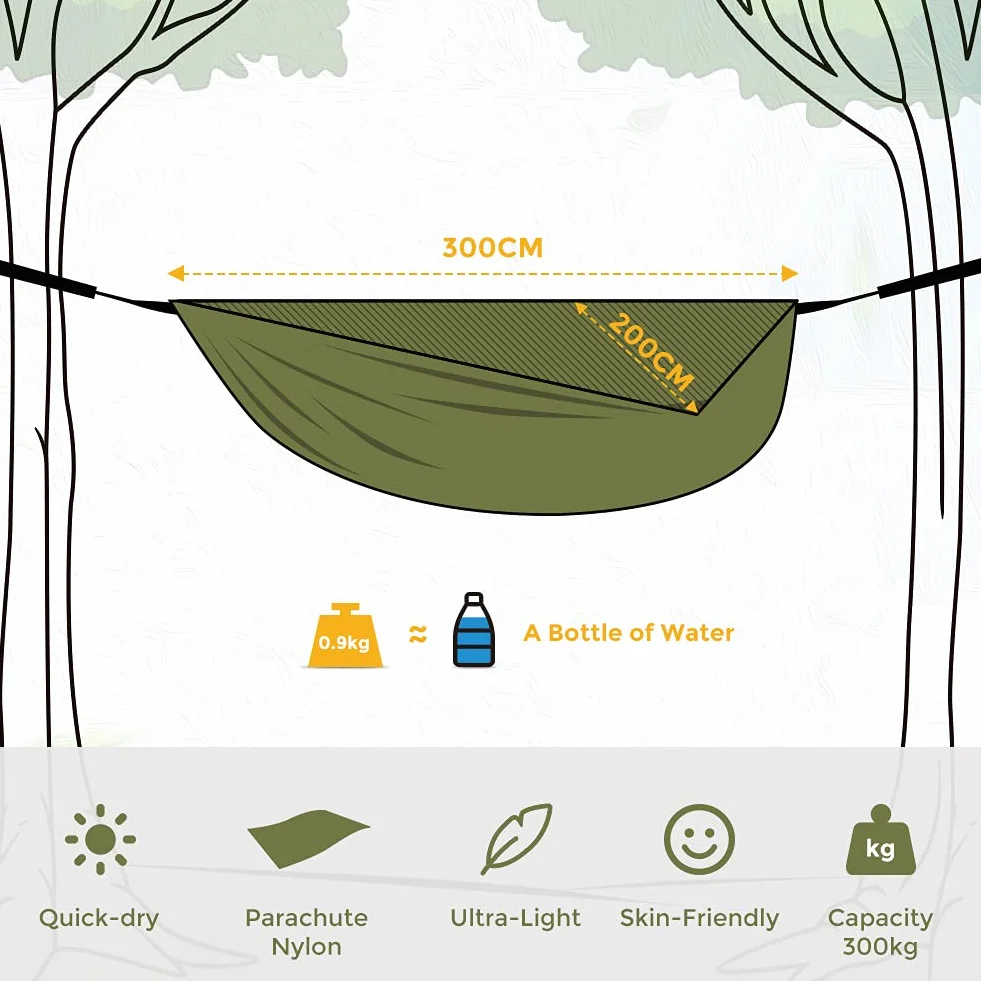 Hamac Ultra-léger en Nylon 300kg 300x200cm avec Sangles et Mousquetons pour Camping Voyage Exterieur Jardin Vert Armée