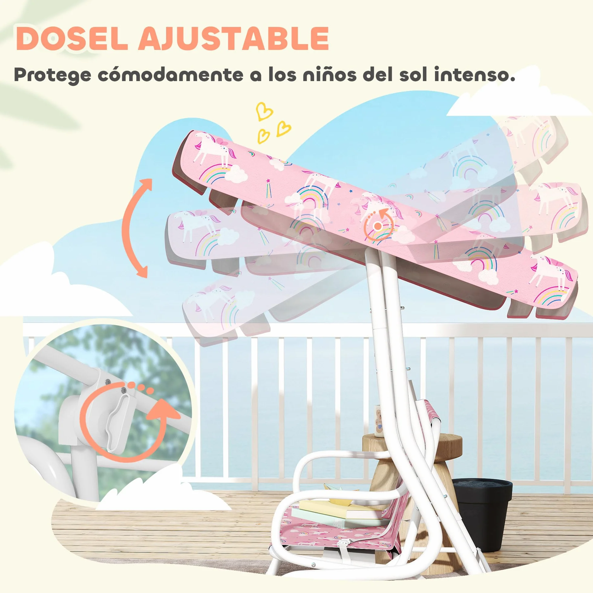 Balancelle de jardin pour enfants 2 places avec auvent réglable et ceintures de sécurité, motif licorne et arc-en-ciel, 112 x 75 x 120 cm, rose