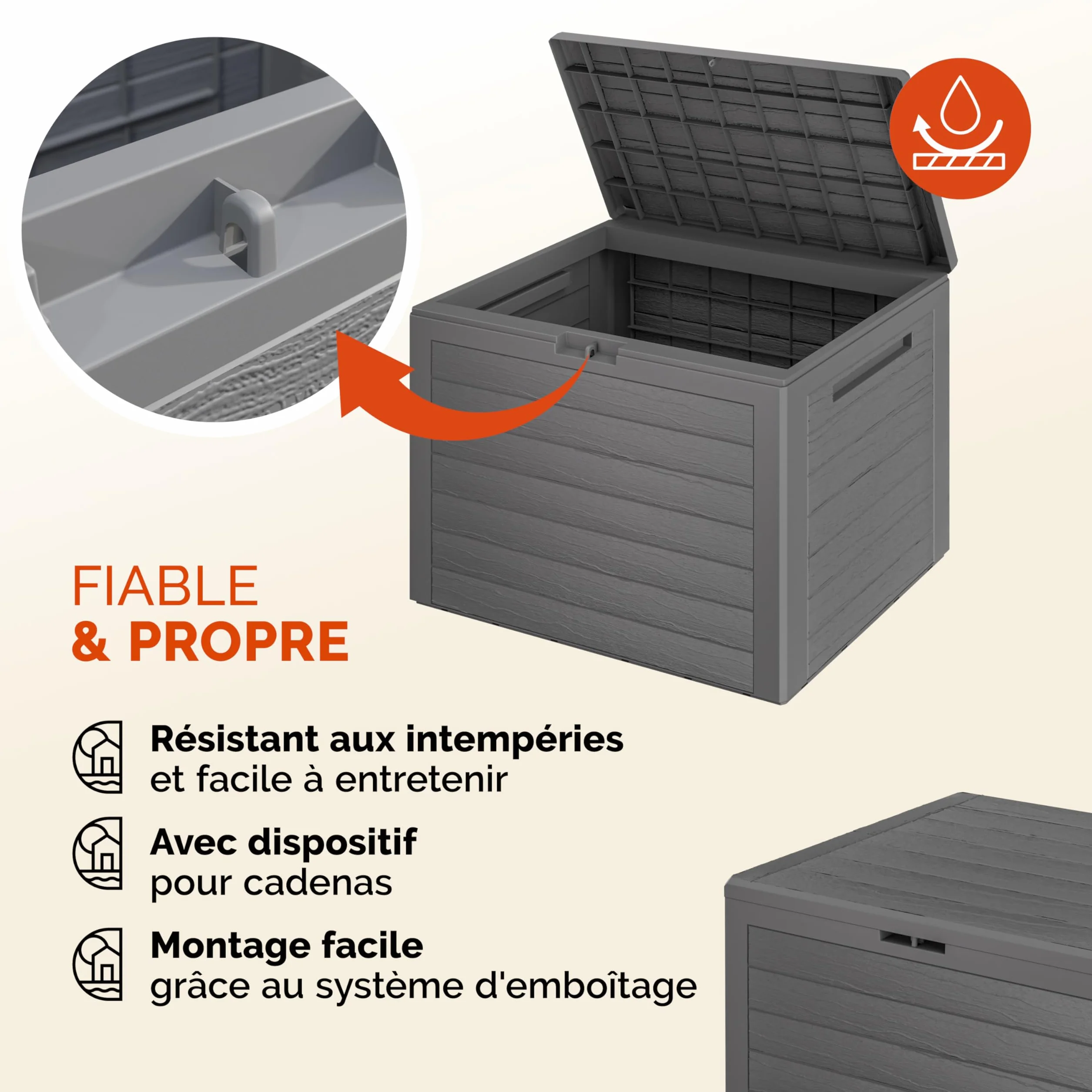 Casaria Coffre de Jardin Exterieur 190 L Gris - Caisse de rangement étanche Effet Bois