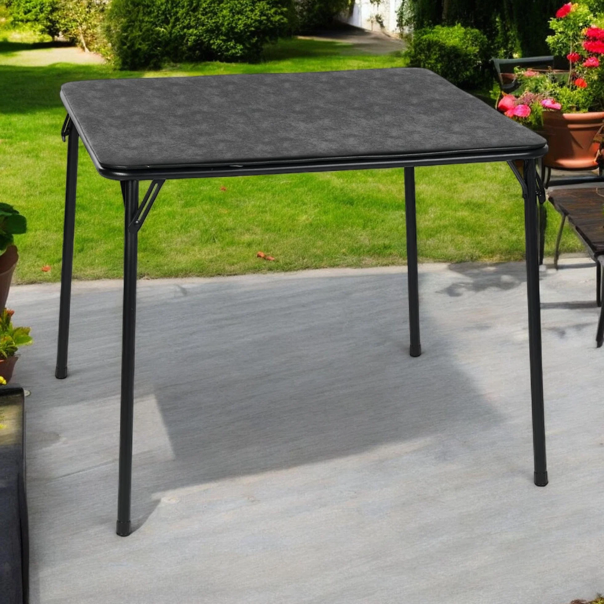 Tables de Bistrot pour Jardin Square Noire, Structure Métallique, Plateau MDF Rembourré Cuir Synthétique, Pliable 86x86cm