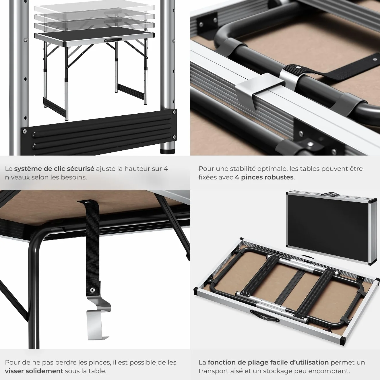 Tectake Lot de 3 Tables Pliantes Multifonction 100 x 60 cm Aluminium Hauteur Réglable 4 Niveaux Camping Barbecue