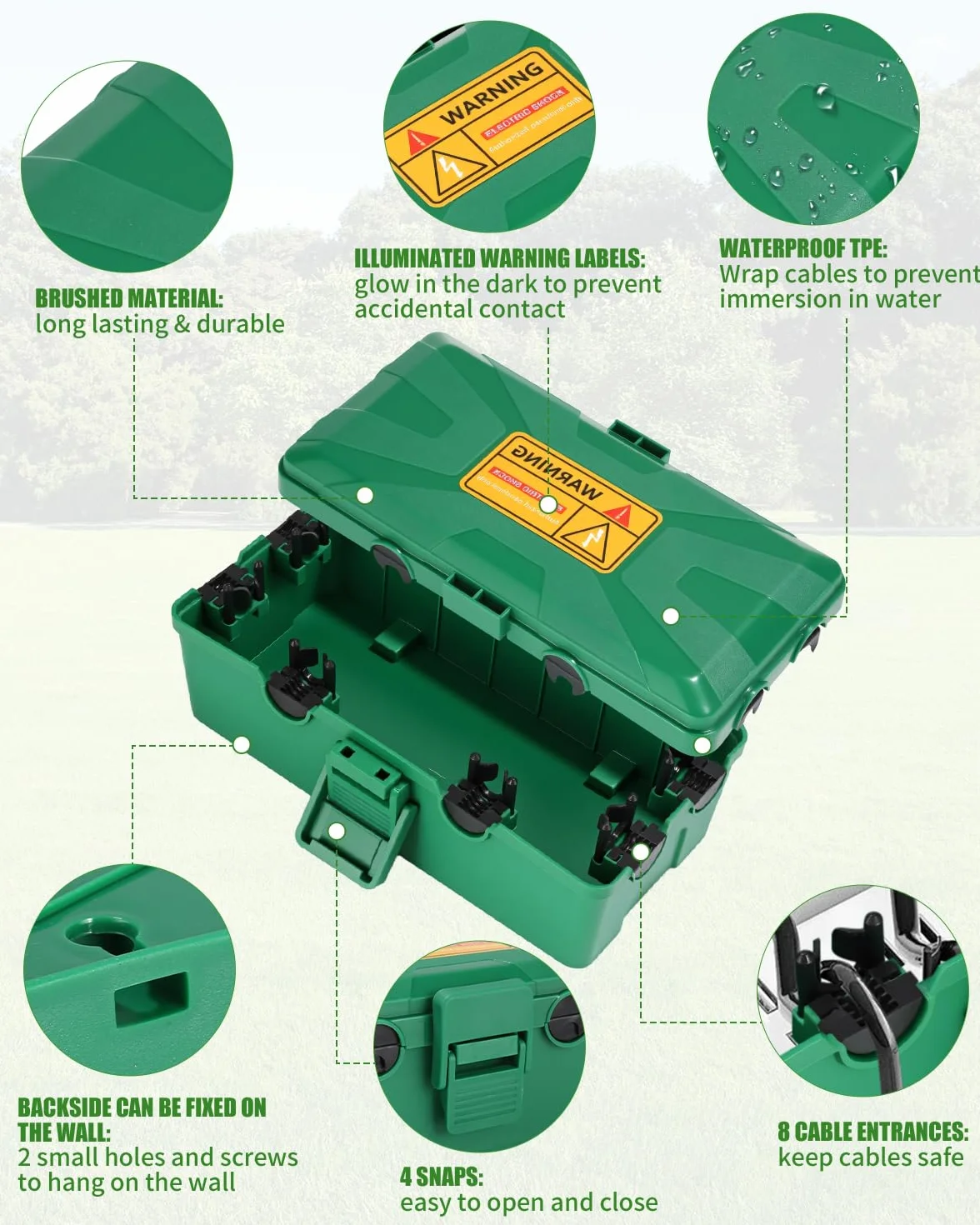 Boîte de Câble Etanche,26.1x15x9.4 CM Boite Etanche,Boite Etanche Electrique Exterieu,6 Entrée de Joint de Câble,IP54 Boite Rangement Cable,pour Timer Outlet Plug,Minuteries,Rallonges,Câbles,Vert