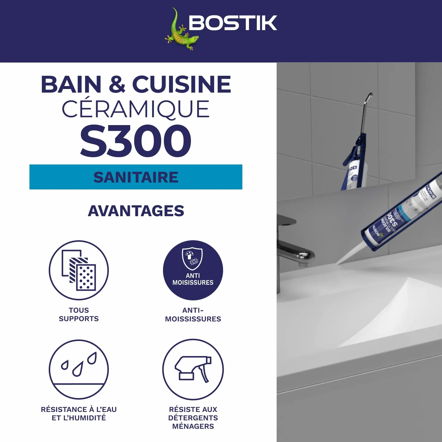 Bostik S300 – Mastic Silicone Etanchéité Bain et Cuisine – Traité Anti Moisissure – Facile à Lisser – Résiste aux Produits d'Entretien – Blanc – Cartouche de 300 ml