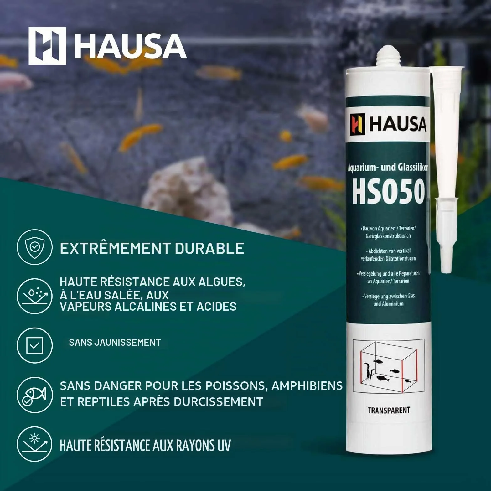 HAUSA Aquarium Silicone Verre Silicone HS050 Colle et mastic silicone professionnels pour aquariums terrariums et constructions en verre Résistant à l'eau douce et à l'eau de mer 310ml transparente