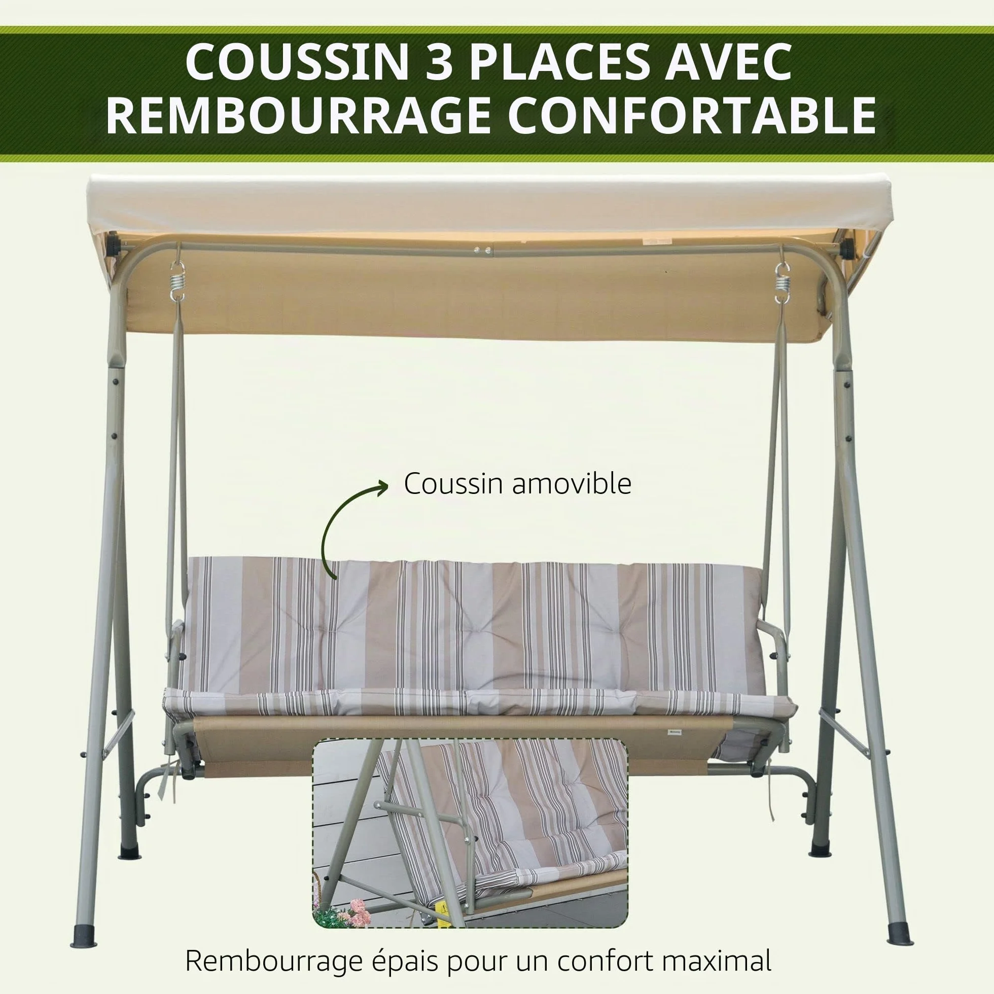 Outsunny Balancelle de Jardin 3 Places Toit Inclinaison Réglable Coussins Amovibles Polyester Acier Époxy Marron