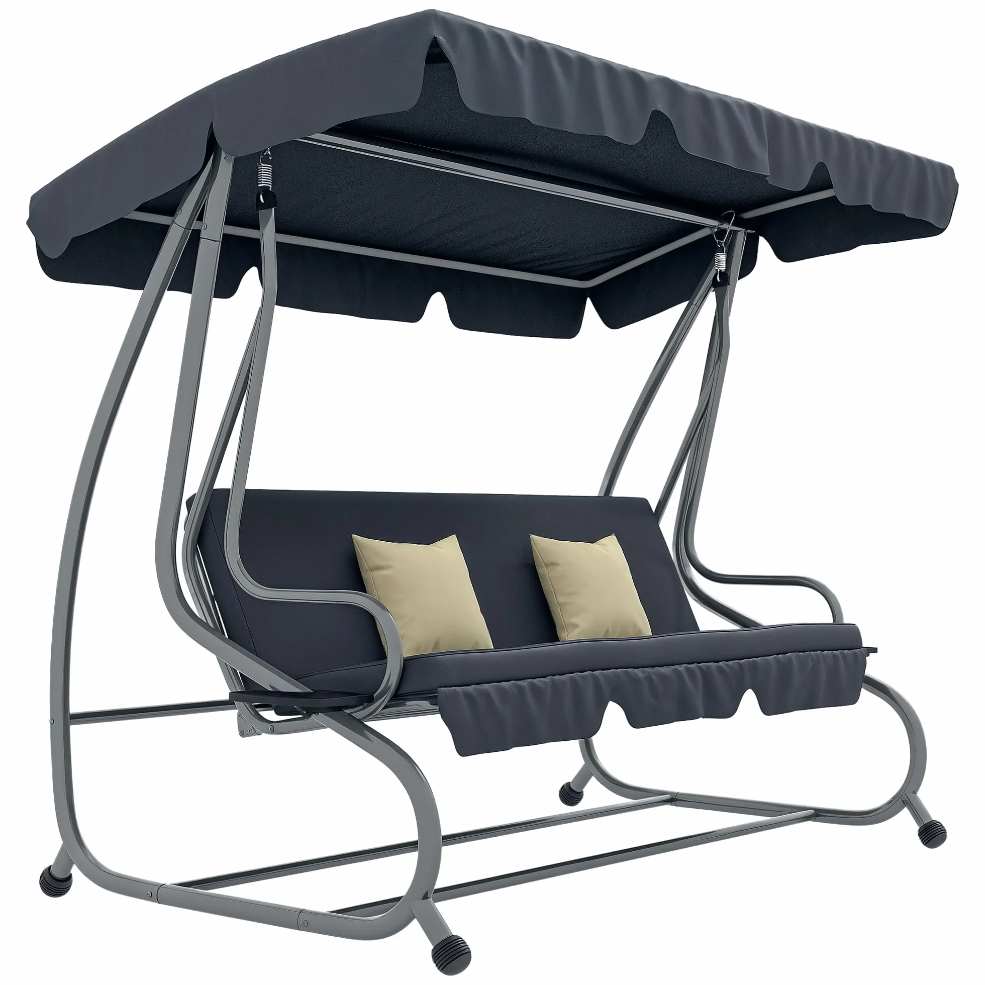 Outsunny Balancelle de Jardin 3 Places Convertible Toit Inclinaison réglable métal Noir Gris