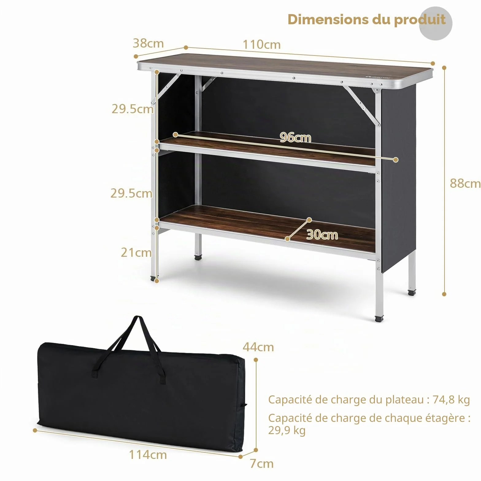 Table de Camping Pliante Aluminium KOMFOTTEU avec Sac Rangement 3 Niveaux Brun
